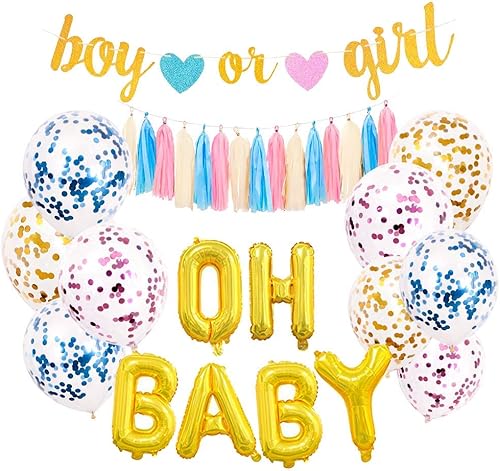 Miniatura 4 de CoolerthingsDG - Suministros para fiesta de revelación de género para bebé, pancarta dorada para niño o niña, globos de revelación de género con