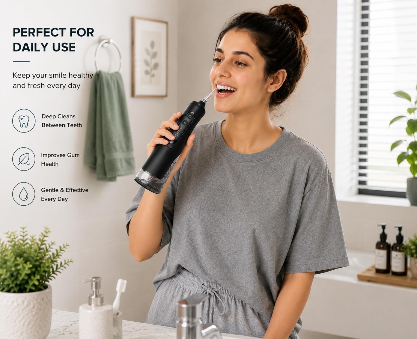 Idropulsore per denti, ricaricabile con serbatoio d'acqua da 310 ml, batteria da 1500 mAh, rimozione placca, 4 modalità, impermeabile IPX7, filo interdentale per parentesi graffe e gengive sensibili