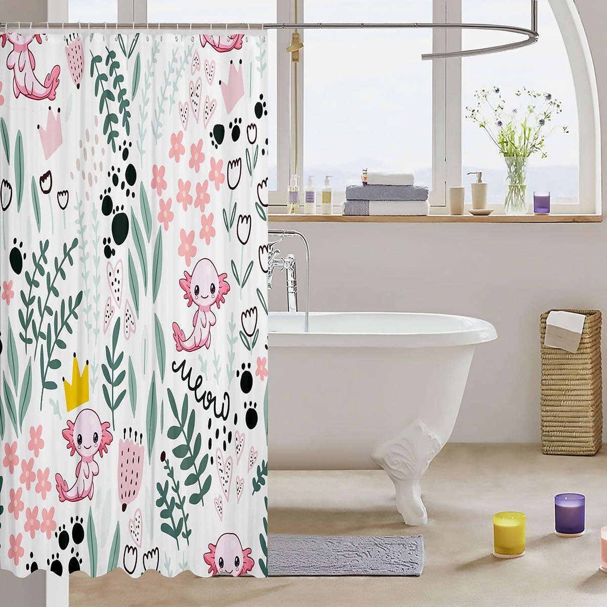 Manfei Cute Axolotl Shower Curtains Flower Leaves Print Bathroom Curtains for Kids Girls Adults, Botanical Floral Axolotl Waterproof Bath Curtains with 12 Hooks Suits for Bathtub, 72" W x 78" L