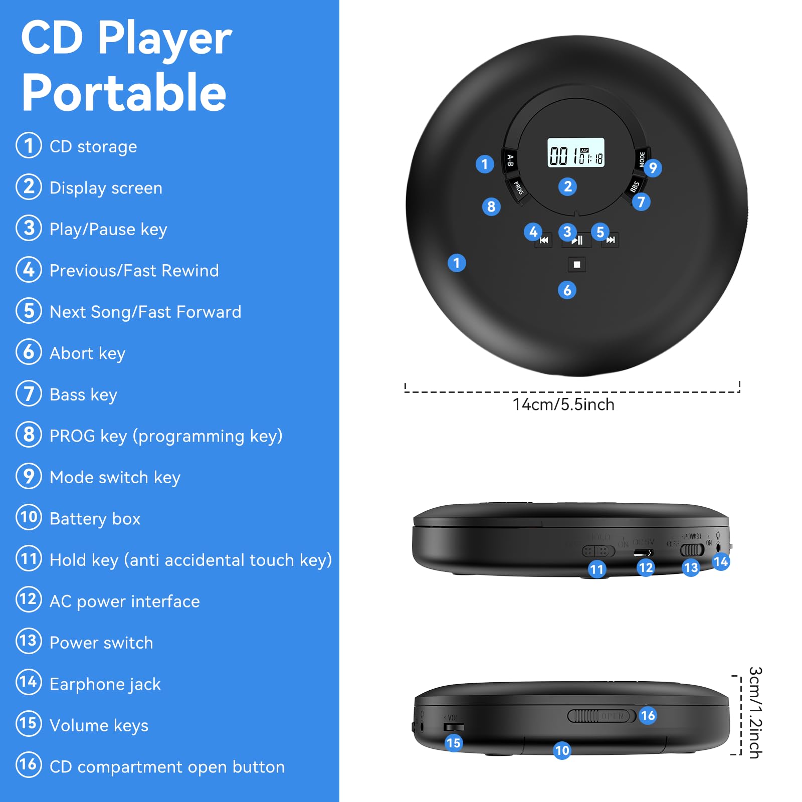 Gueray Lettore CD Portatile Hifi con display stereo cd Lettore CD con cuffie Supporto PROG ASP Funzione di memoria Funzione di ripetizione A-B Effetto BASSO