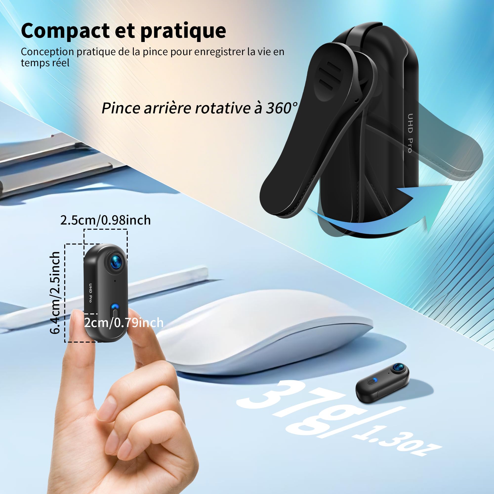 Mini Caméra Sport 4K WiFi, 360° Camera Vlog, Caméra d'action pour Casque de Moto, Bodycam Portable Étanche jusqu'à 30M, Accessoires Multifonctionnels