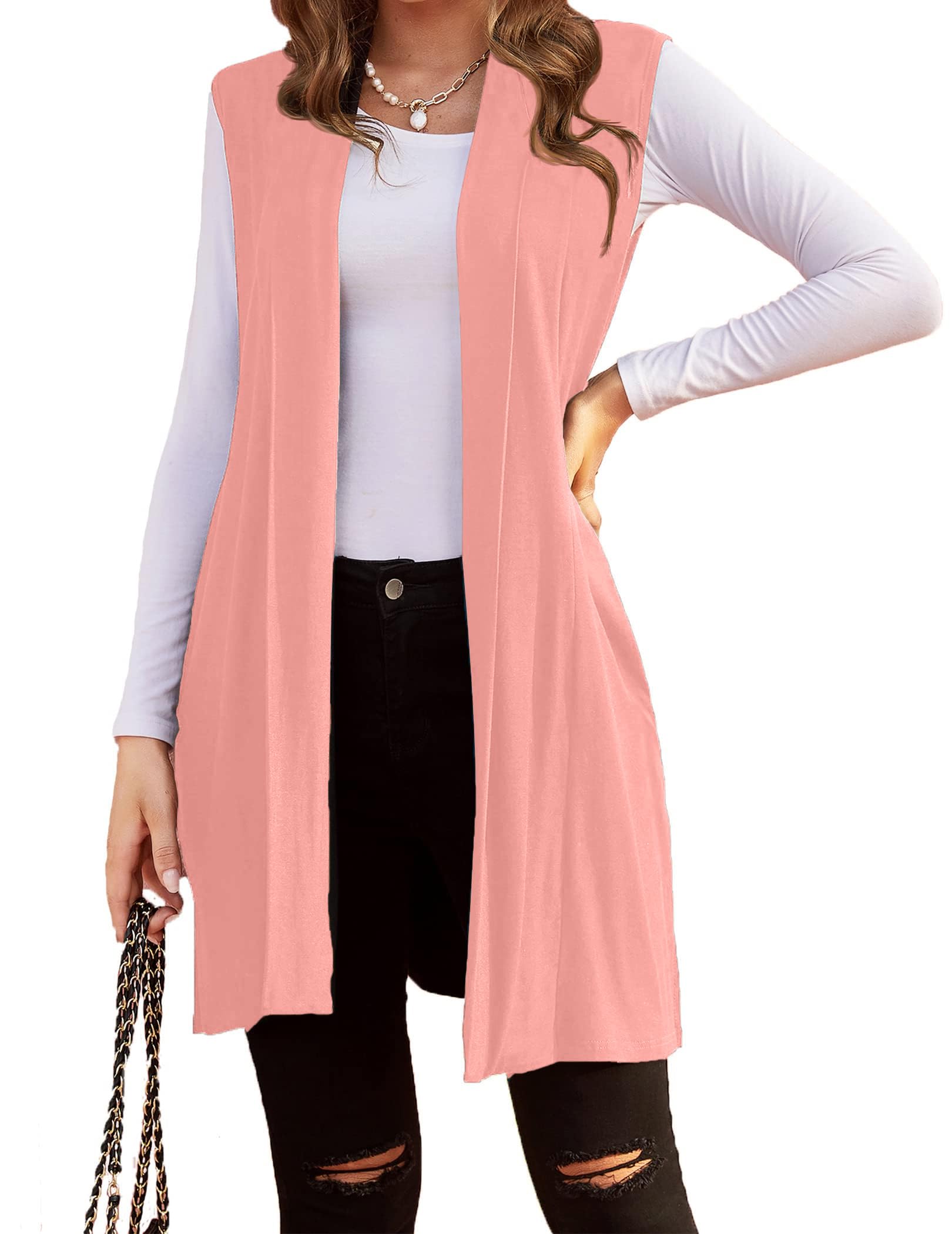 Beyove Womens Long Vests Sleeveless Draped Lightweight Open Front Cardigan Layering Vest with Side Pockets