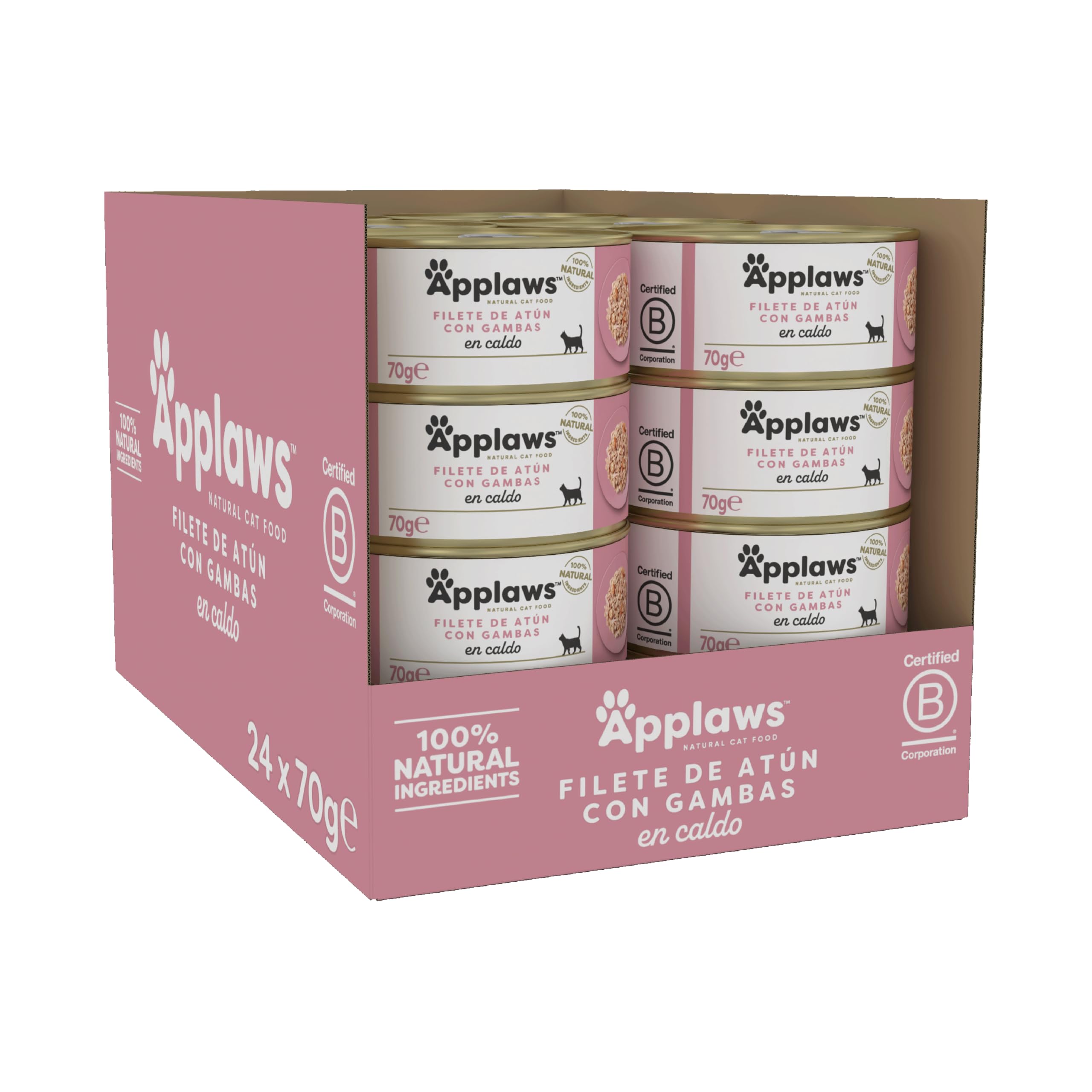 Applaws 100% Natural Comida Húmeda para Gatos Adultos - Filete de Atún y Camarón en Caldo - Paquete de 24 latas de 70g