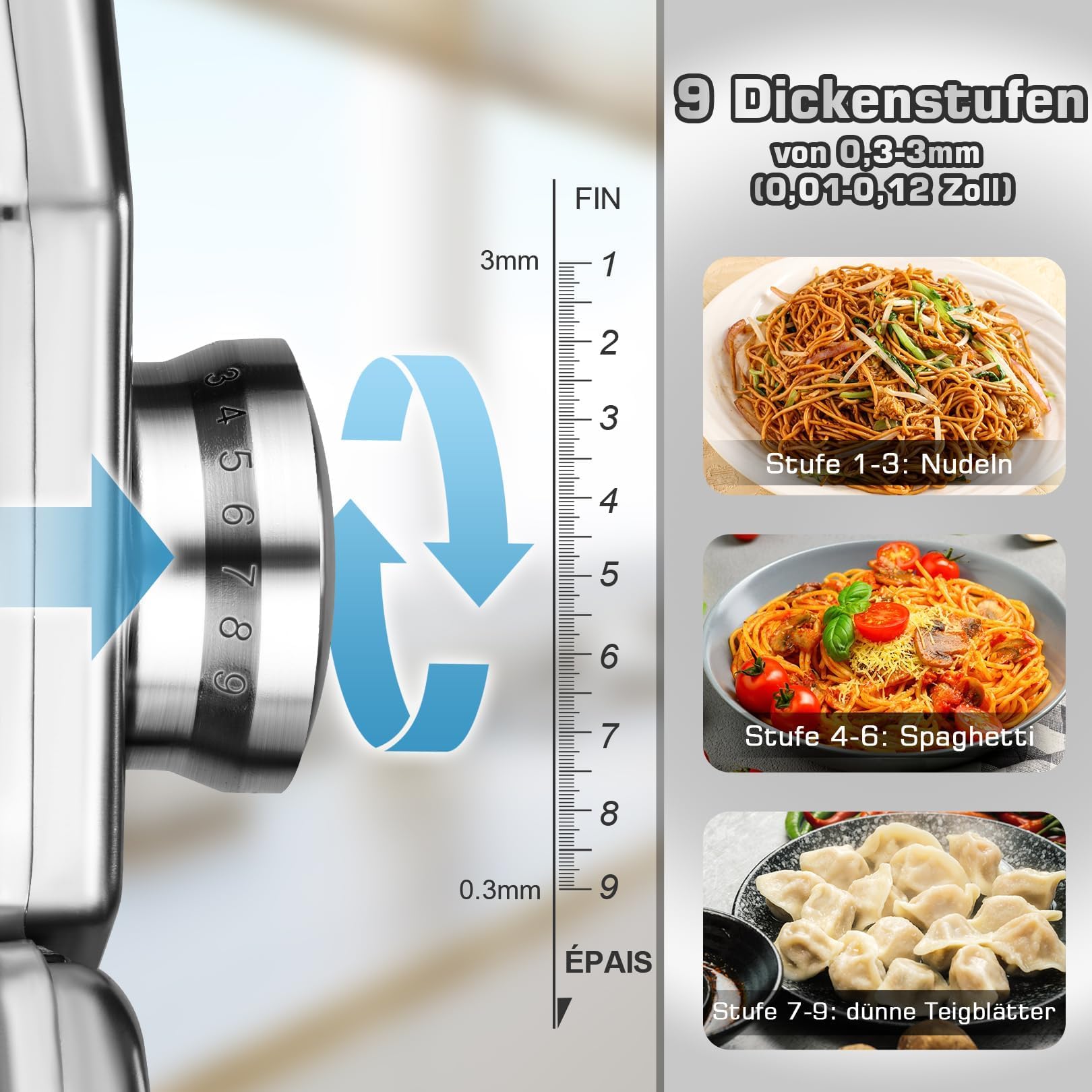 Sailnovo Nudelmaschine Pasta Maker 180 Aluminiumlegierung mit 9 Einstellbaren Stärkeeinstellungen und 2 Schneidern, Nudelmaschine Manuell für Spaghetti, Fettuccini, Lasagne, Geschenk (Silber)