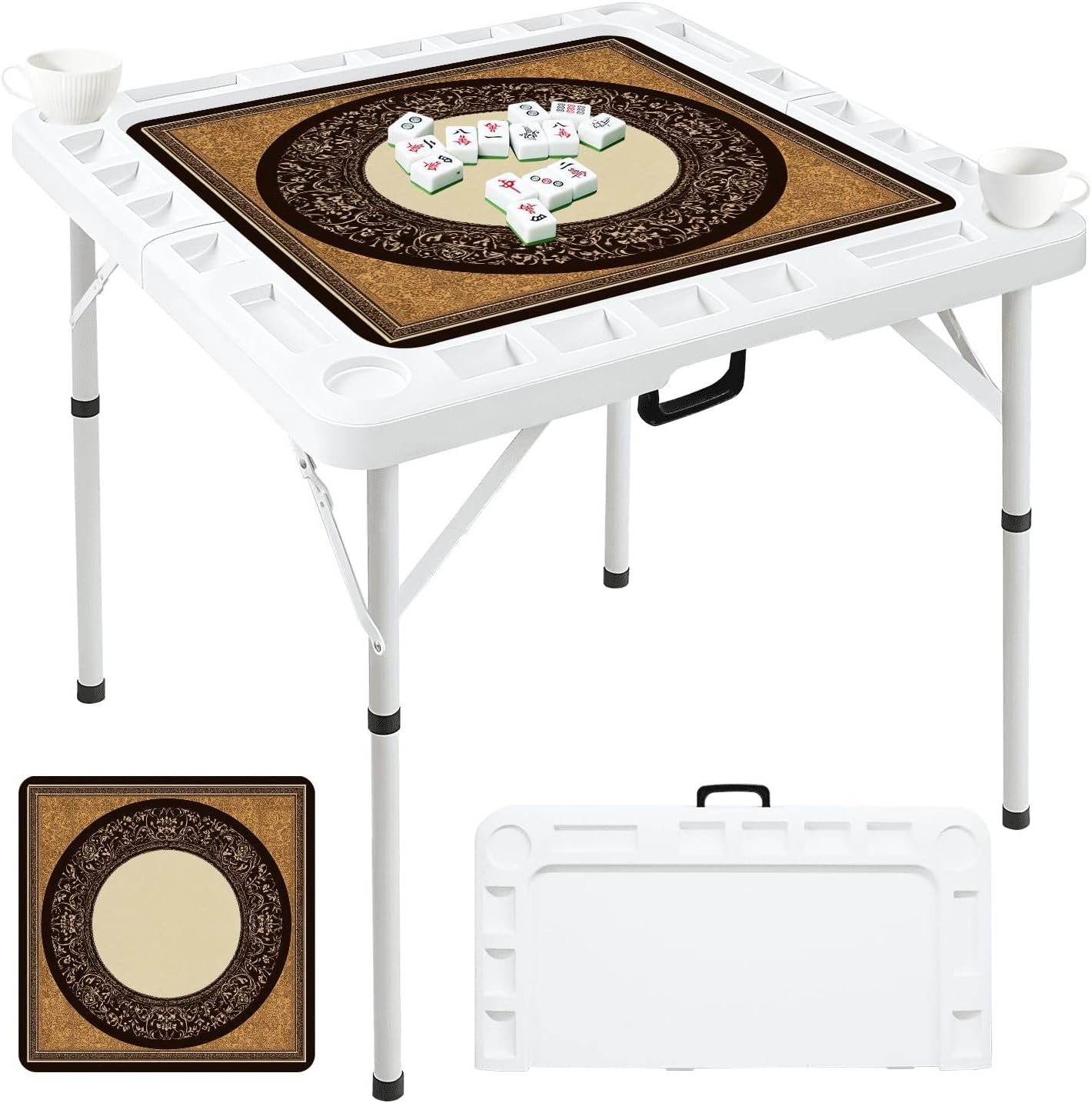 Folding Mahjong Table with Ornate Vintage Circular Frame Gold Brown Floral Border Wear-Resistant Mahjong Mat, 4 Cup Holders & Chip Trays for 4 Players Square Portable Card Table for Poker Domino