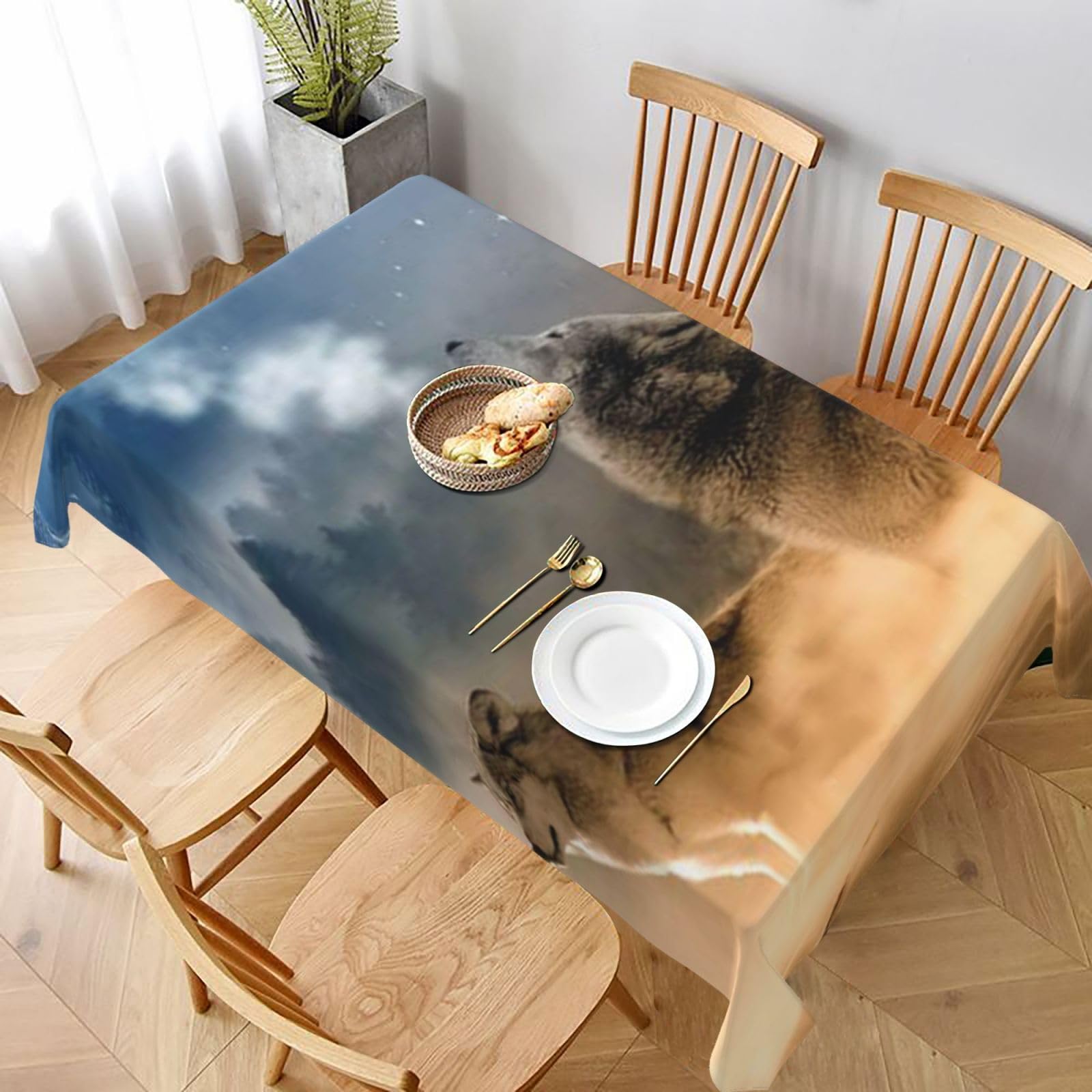 BNVSADC wolf on mountain Printed Rectangle Tablecloth 228x152 CM, Water Resistant Polyester Table Cloth Decorative Fabric Table Covers for Kitchen Dining Table Parties Camping