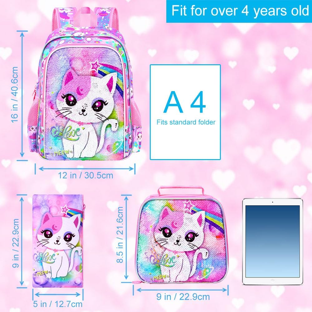 UFNDC 3PCS Backpack for Girls with Lunch Box,16”Kids Sequin Bookbag with Lunch Box, School Bag for Elementary Toddler