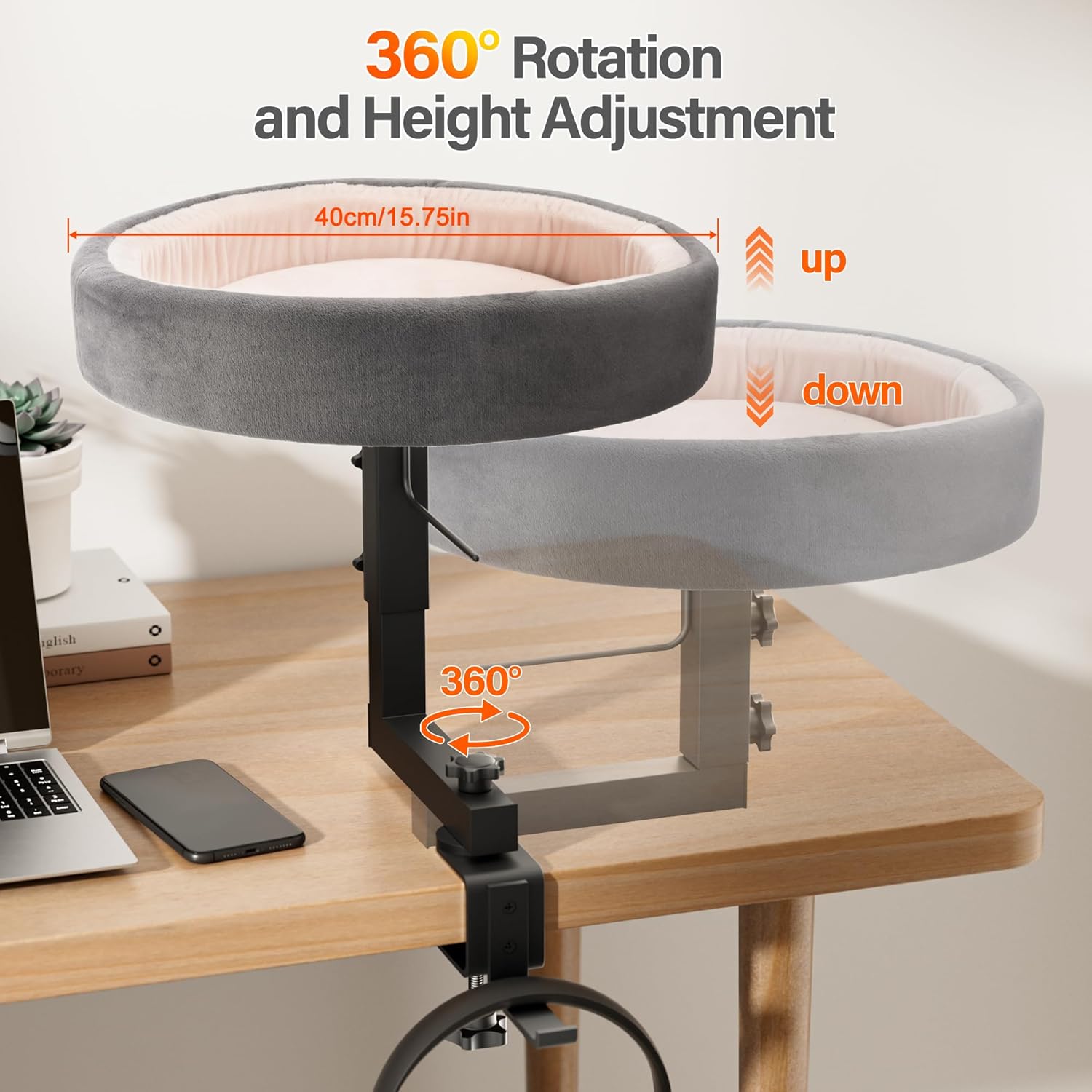 NordMagood Cat Bed for Desk – Adjustable Metal Cat Bed with Headphone Holder, Scratch-Resistant Pet Shelf for Small Spaces, Modern Desk Cats Perch for Home/Office - Gray