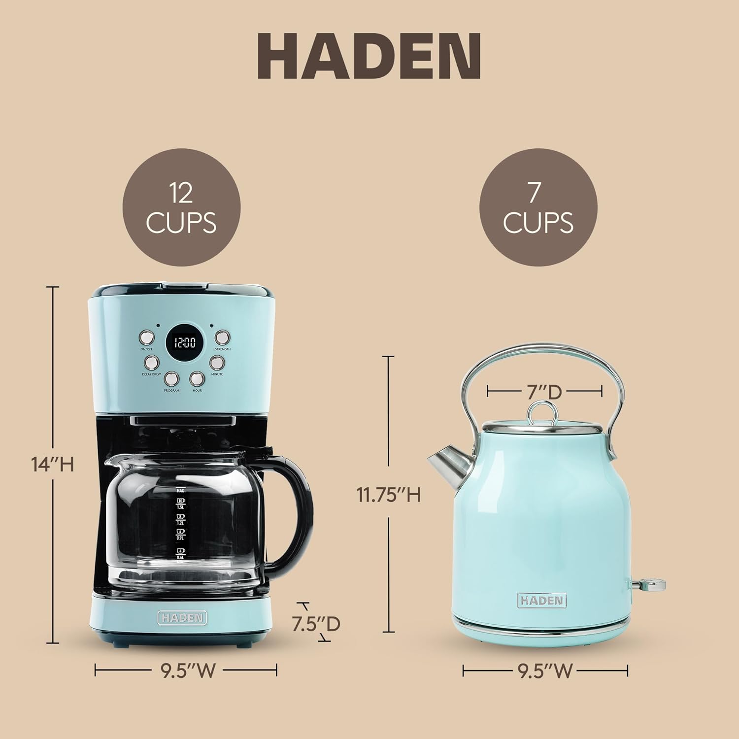 HADEN Coffee Machine, 12 Cup Drip Coffee Maker Bundled with Heritage 1.7 Liter Stainless Steel Electric Kettle, Turquoise & Chrome