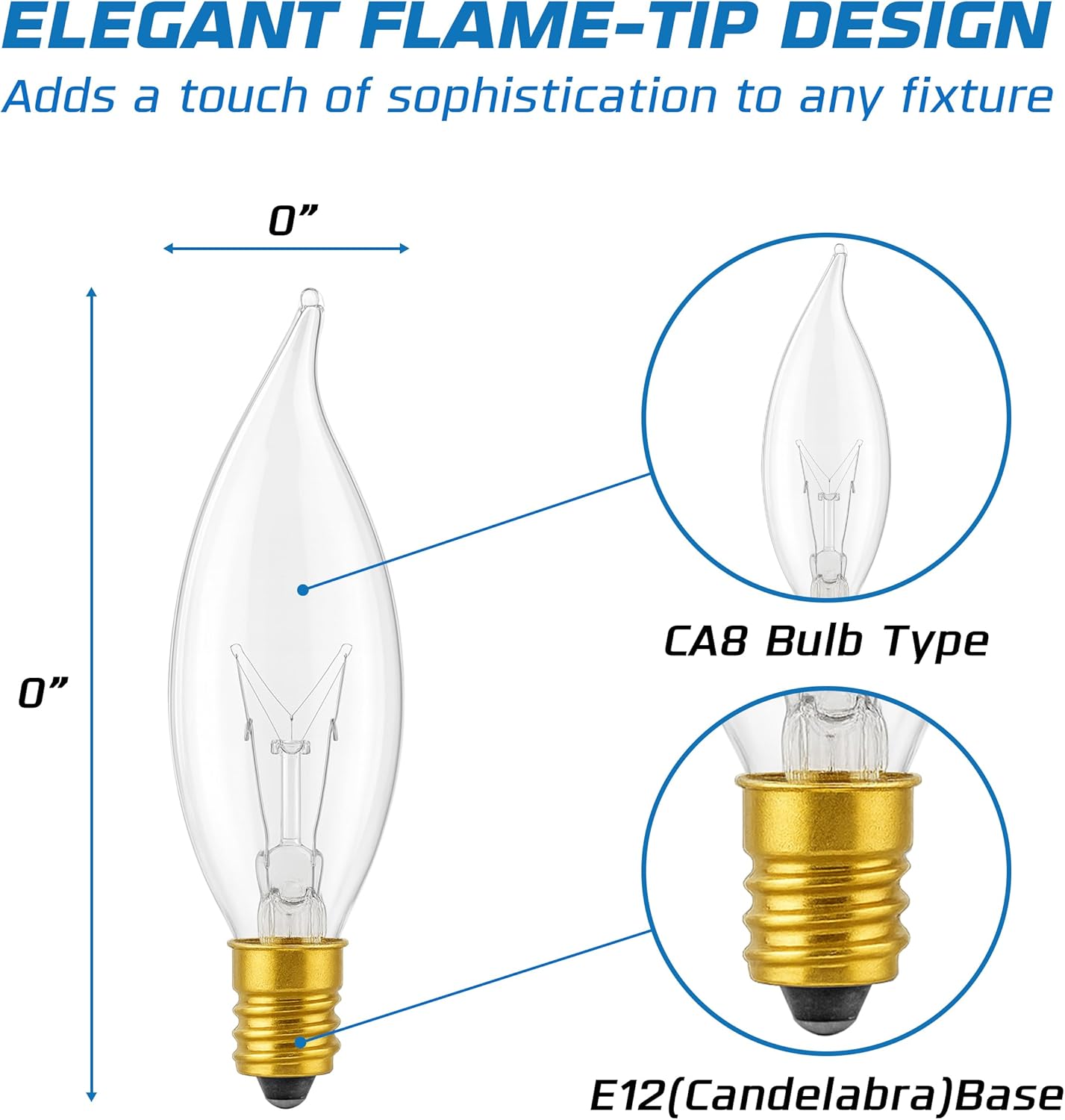 OHLECTRIC CA8 Decorative Incandescent Candelabra Bulbs (10-Pack), 15W Clear Flame Tip, Dimmable Candle Light Bulbs, E12 Base, 100 Lumens, 2700K Warm White