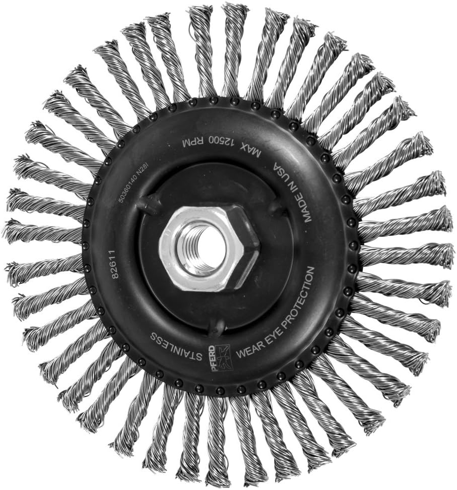 PFERD 82611 Stringer Bead Twist Wheel Wire Brush, Stainless Steel, 6" Diameter, 5/8-11 Thread Size.020 Wire Diameter, 12500 RPM (Pack of 10)