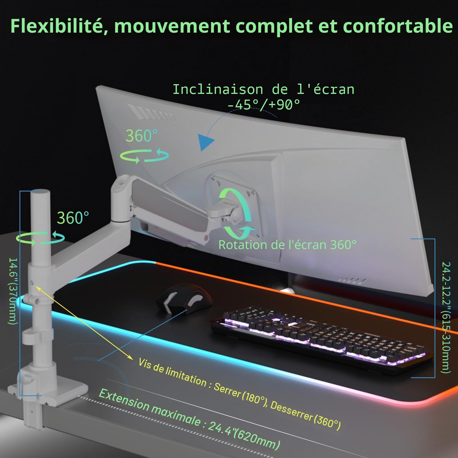 Support Ecran PC Bras pour Moniteurs de 17 à 60 Pouces Capacité 2-20kg, Bras Ecran PC avec Incline Pivote Tourne Rotatif à 360°, Réglage Hauteur sans Outil, VESA 75/100mm, Blanc, H9W
