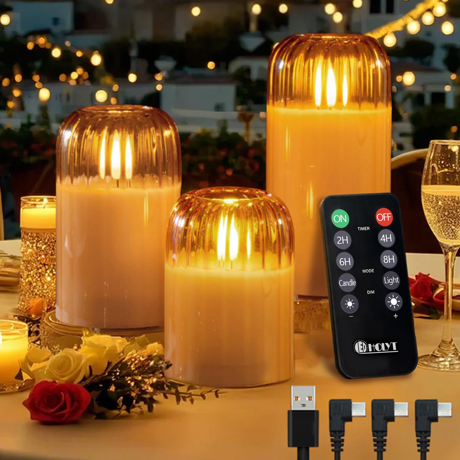 Rechargeable Jar Flameless Candle, Flashing LED Pillar Christmas Candle with Remote Control and Timer, Gold Pumpkin Glass Electronic Candles for Room Decoration, 1 Set of 3