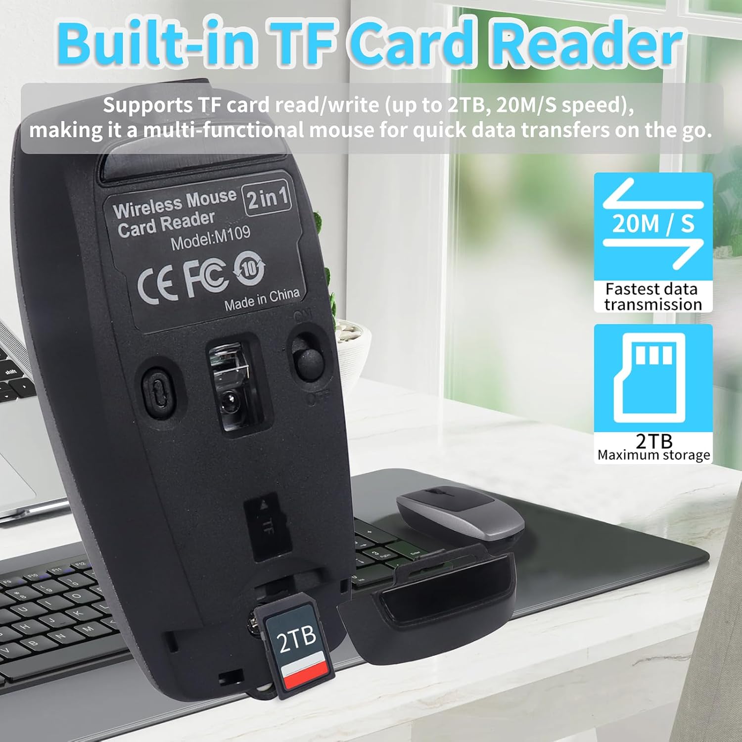 Mini Bluetooth Wireless Mouse with TF Card Reader, Rechargeable, Silent Click, Portable for Laptop, PC, Travel, Office & Home Use (Grey)