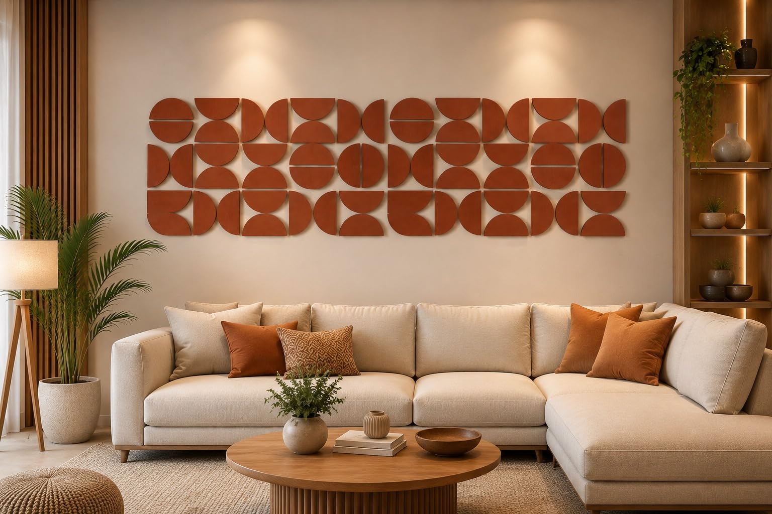 AxuraVist Modern Geometric Wooden Wall Art Decor | Premium MDF 3D Wall Hanging for Living Room, Bedroom, Hallway & Office | Abstract Mid Century Wall Décor | Self Adhesive Easy Installation | Brown | 120 x 60 cm-picture-13