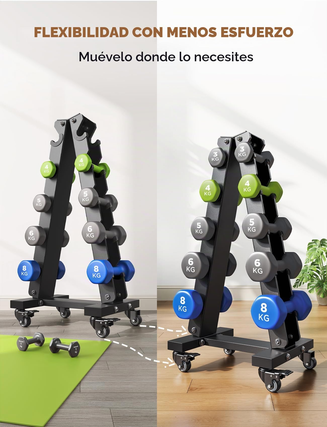 YOLEO 5 Niveles Soporte para Mancuernas con Rueda, Soporte Para Pesas de Alta Resistencia, Organizador de Almacenamiento Portátil Para el Hogar o el Gimnasio, Diseño Antideslizante