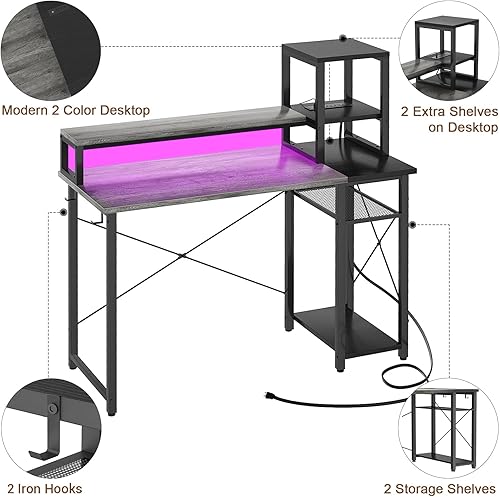 Miniatura 8 de armocity Escritorio para juegos actualizado 2024 con luces LED, escritorio pequeño para computadora con soporte largo para monitor, mesa reversible
