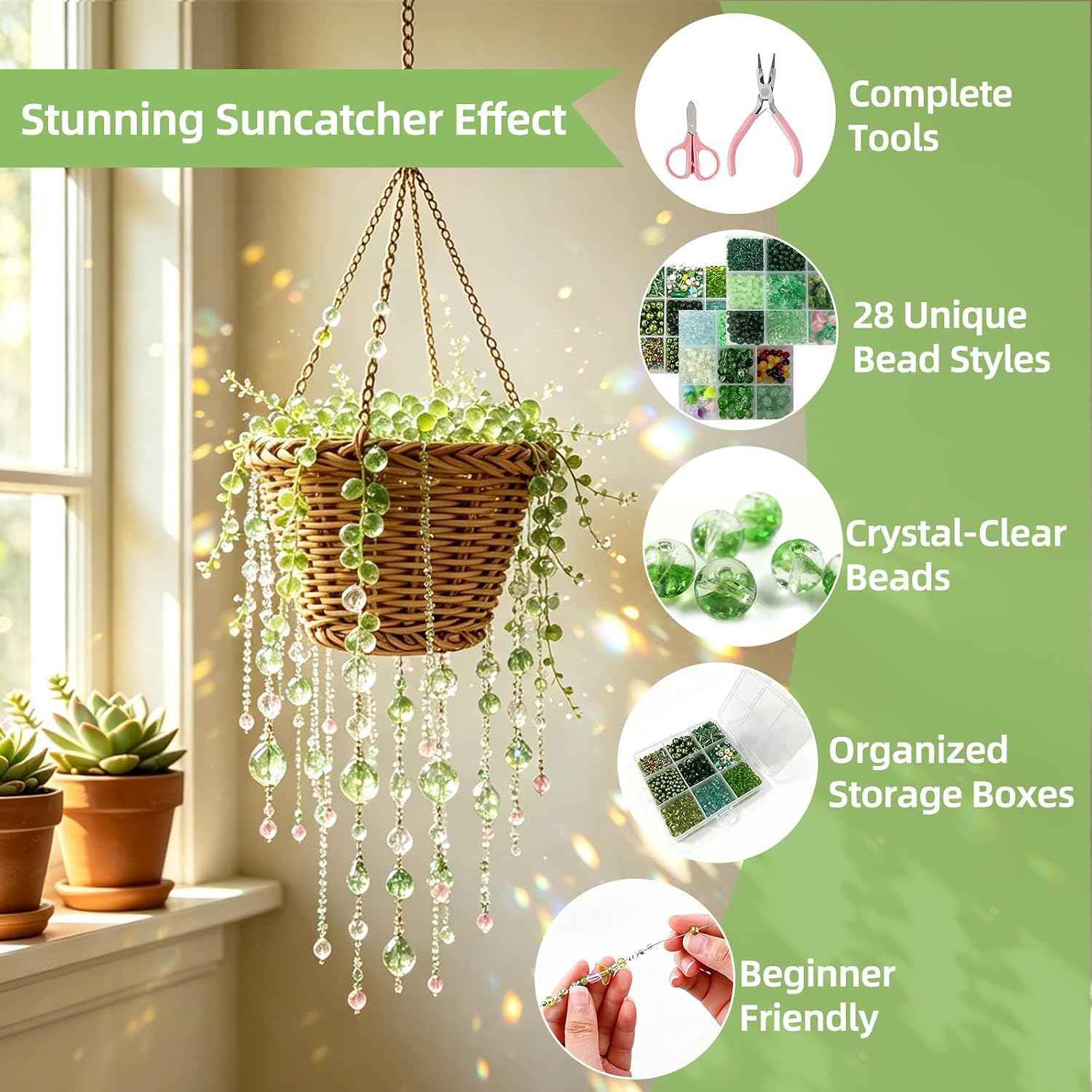RAIN-MOOSE All-in-One Green Beaded Plant Kit with Rattan Planter & Tools Included, 4100+ Pcs 28 Styles Green Beads, DIY Suncatcher Hanging Decor for Home, Jewelry Making & Craft Gift for Adults Teens