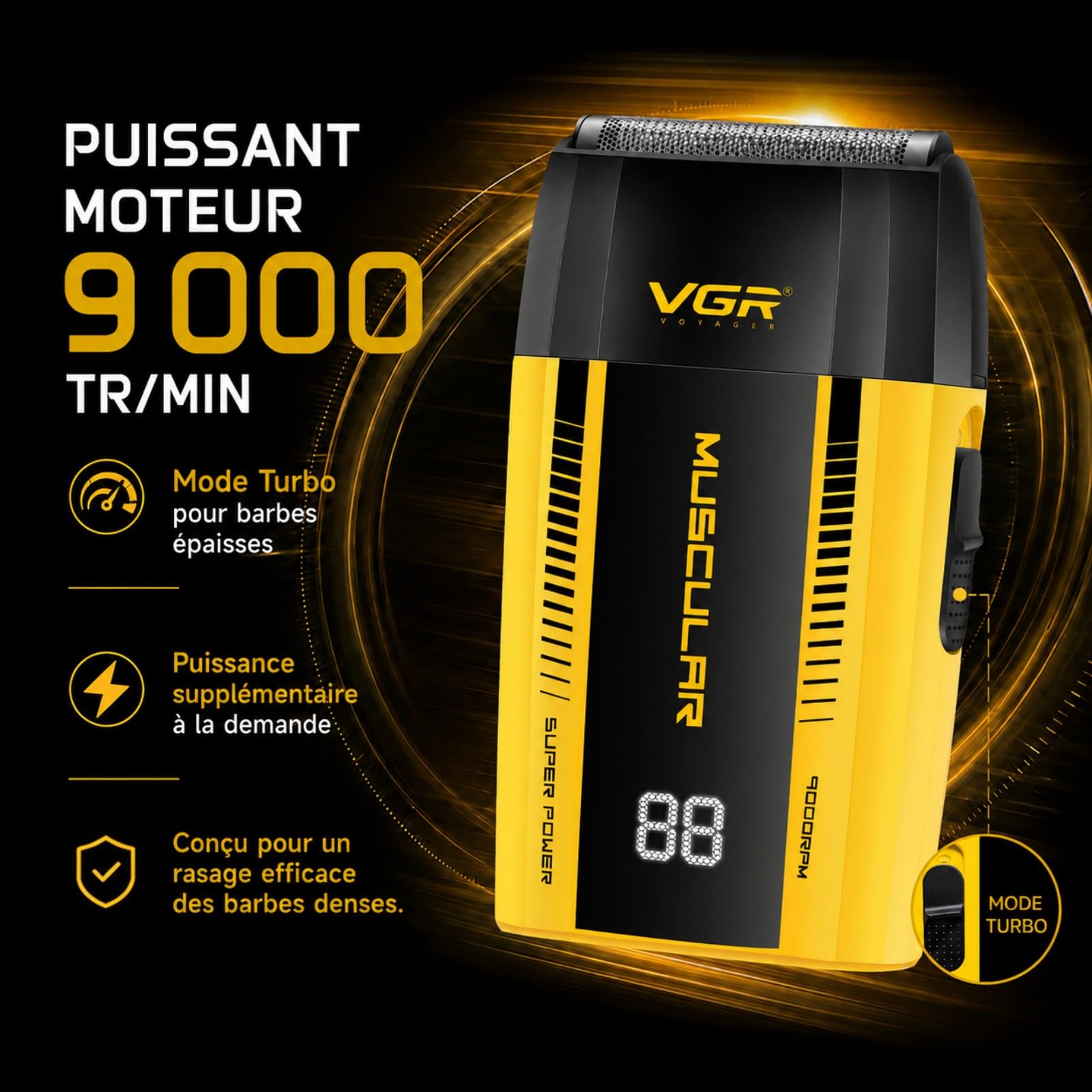 VGR 285S Shaver Homme Sans Fil, Rasoirs à Grille Homme Avec Moteur 9000 RPM