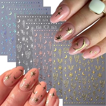 8 Sheets Star Moon Nail Art Stickers 3D Self-Adhesive Pegatinas Unas Gold Nail Decals with Glitter Sun Design Aurora Nail Supplies Nail Art Design Decoration Accessories for Women and Girls