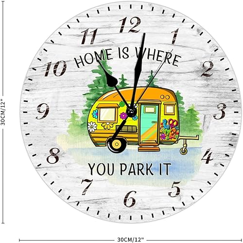 Miniatura 2 de Reloj de pared colgante redondo de 12 pulgadas, para camping, viajes, cámper, camioneta, relojes de madera, sin tictac, funciona con pilas, reloj de