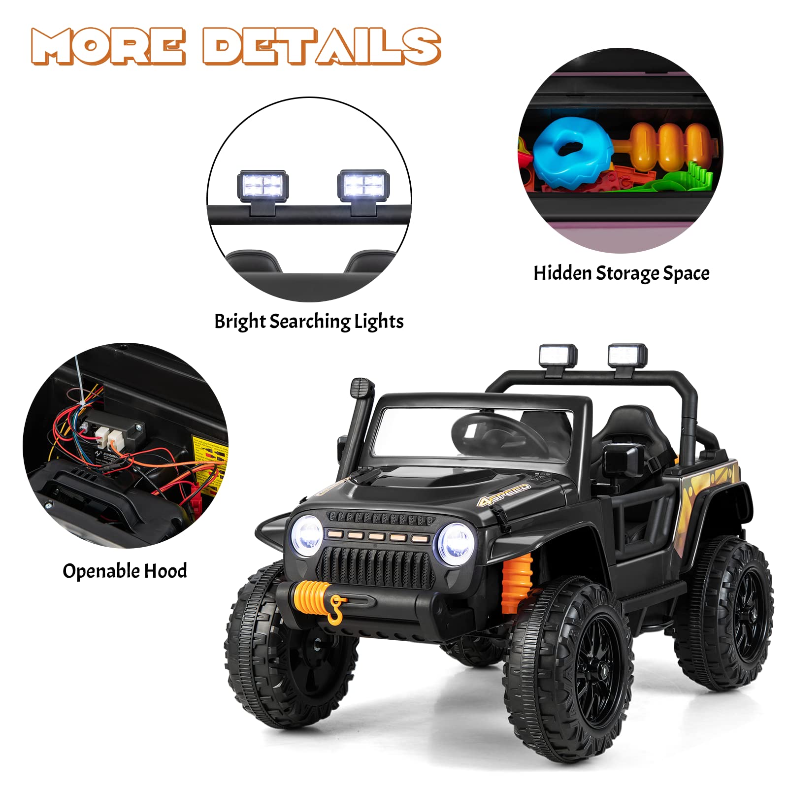 12V Kids Ride on Truck, Battery Powered Electric Vehicle with Parental Remote Control, Music, Lights and Suspension Wheels, Children Off-road Car for 3+ Years Old, Max Weight 100kg (Black)