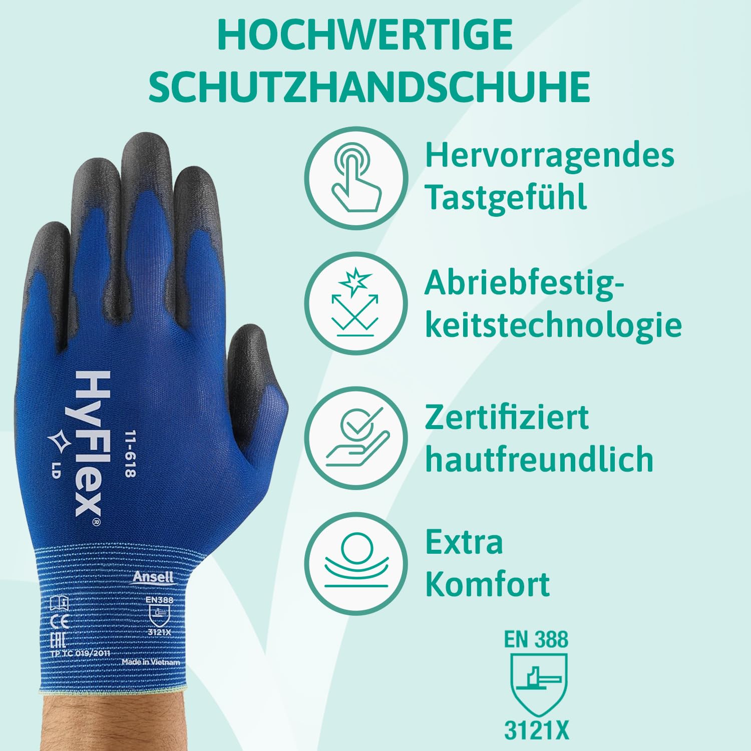 Ansell HyFlex 11-618 Mechaniker- Nylon Handschuhe, Abriebfeste Schutzhandschuhe mit PU-Beschichtung, Sicherheitshandschuhe für Präzisionsarbeiten, Touchscreen-Arbeitshandschuhe, 12 Paar, Gr. L