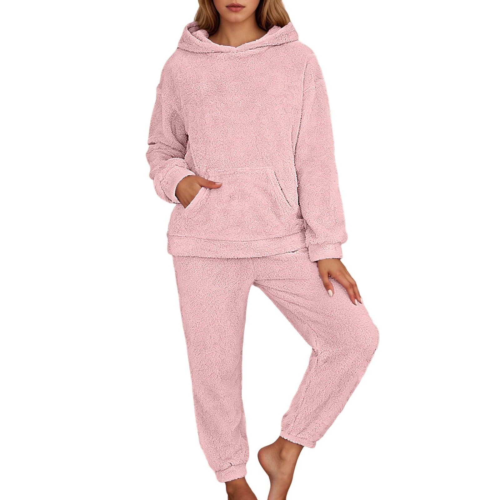 Weicher Pyjama für langärmelige Herbstmode, lässiger Fleece-Kapuzenpullover, Loungewear, 2-teilig mit Tasche