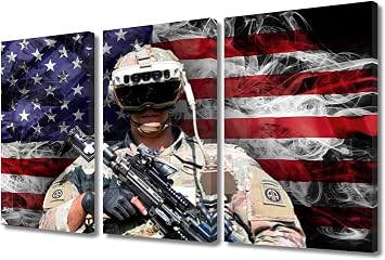TUMOVO Modern Wall Decor 3 Pieces Canvas Wall Art American Soldier Pictures for Home Wall Decoration American Flag Paintings Prints Artwork Gallery-Wrapped Ready to Hang, 36" Wx24 H