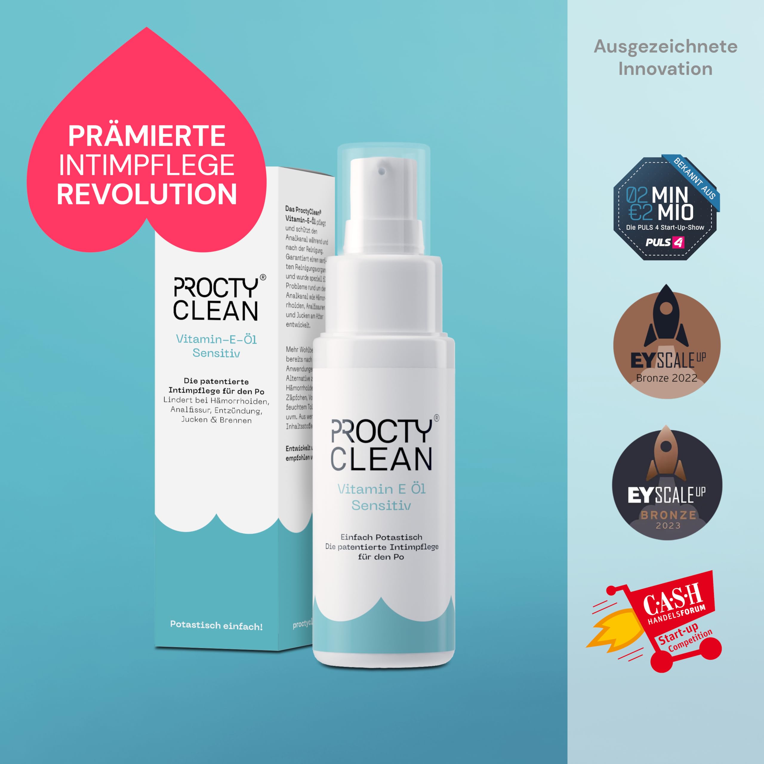 ProctyClean Vitamin-E-Öl für den Po! Alternative für Hämorrhoiden Salbe, feuchtes Toilettenpapier, Salbe für Analfissur, Po Dusche. Intimpflege Damen, Männer. Bei Hämorrhoiden, Entzündungen