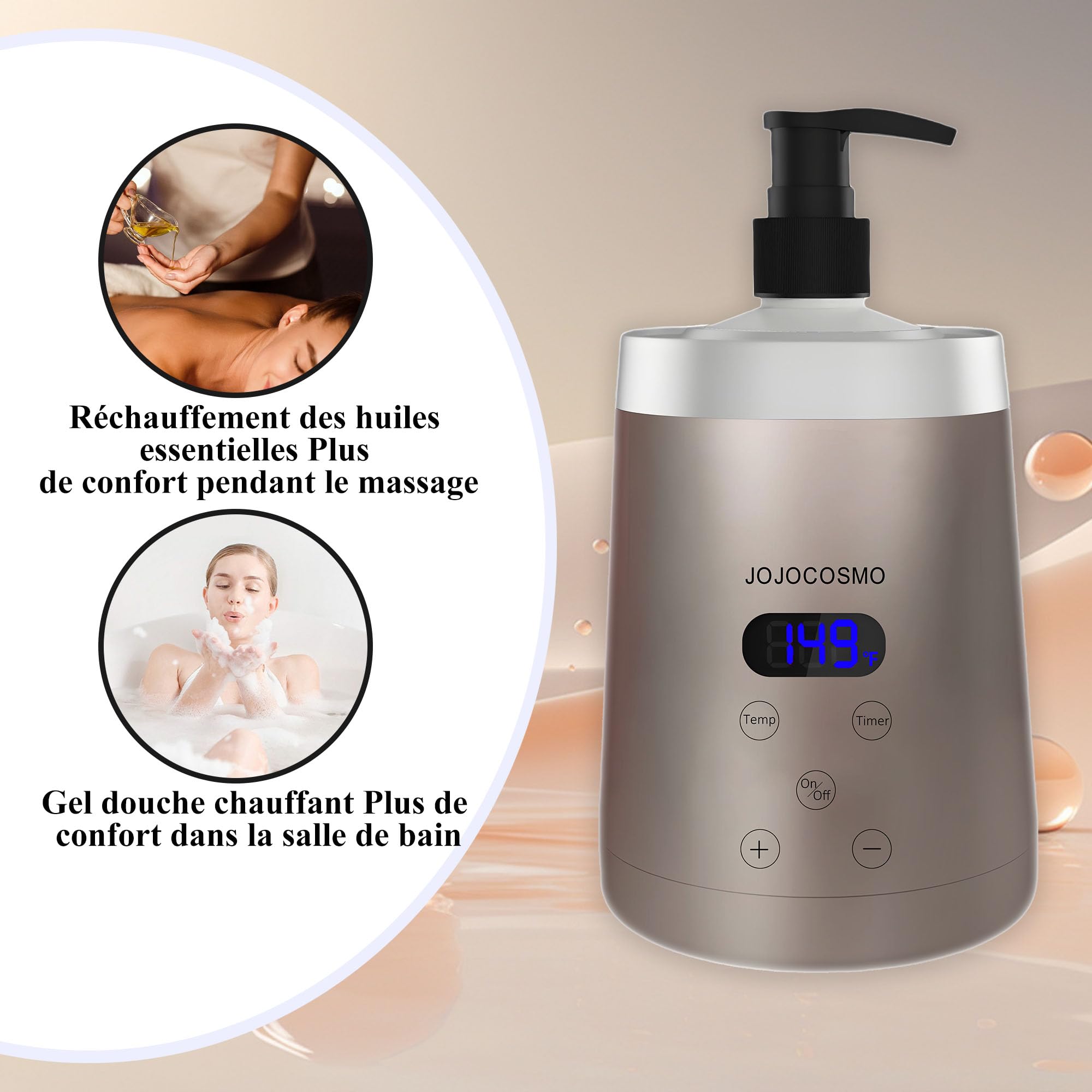 Réchauffeur d'huile de Massage avec Distributeurs d'Huiles Essentielles, Température Réglable 86-149°F, Couleur Champagne