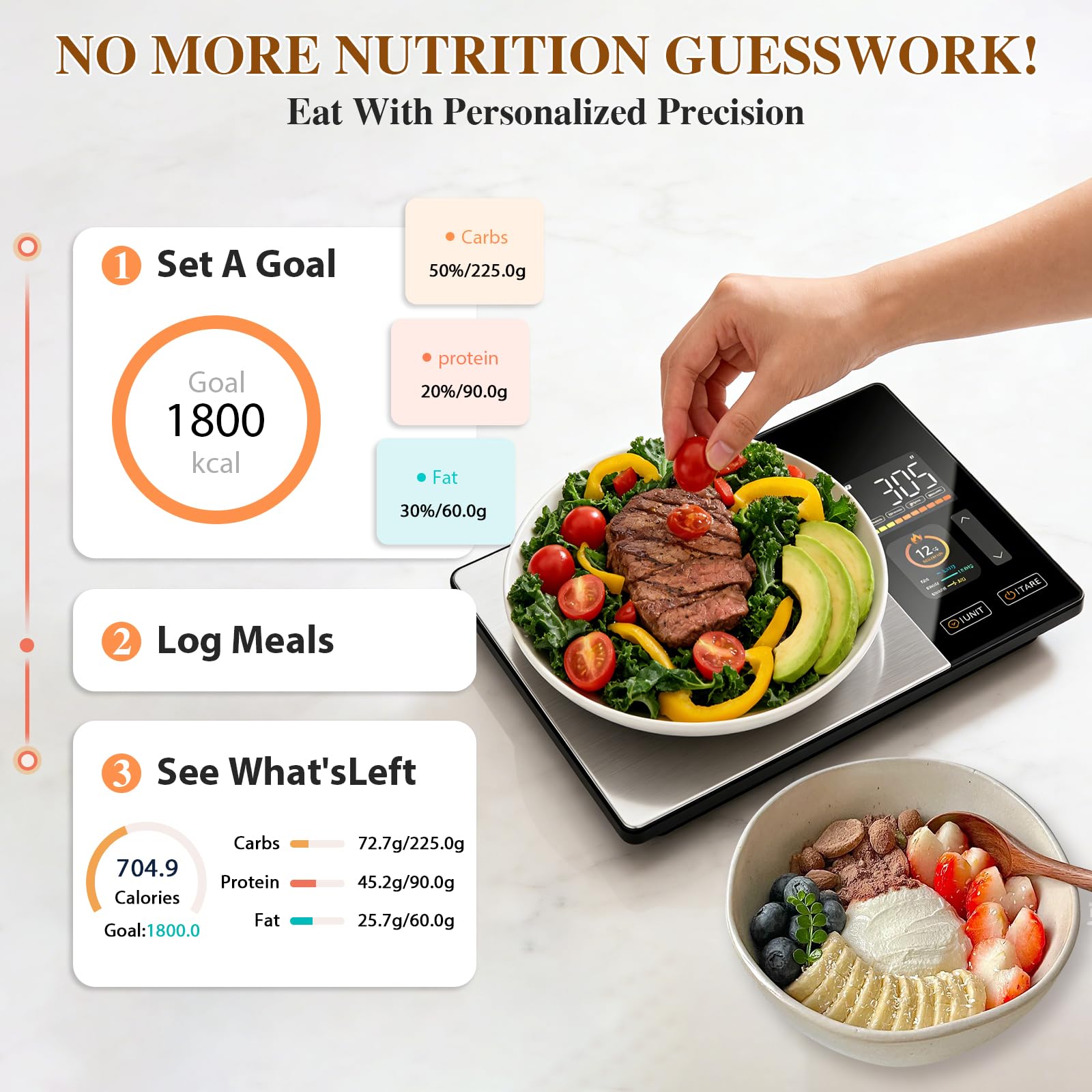 Bilancia digitale da cucina con calcolo nutrizionale, bilancia digitale precisa per nutrizione con display a colori TFT, per analizza il valore nutrizionale degli alimenti e conta le calorie tramite