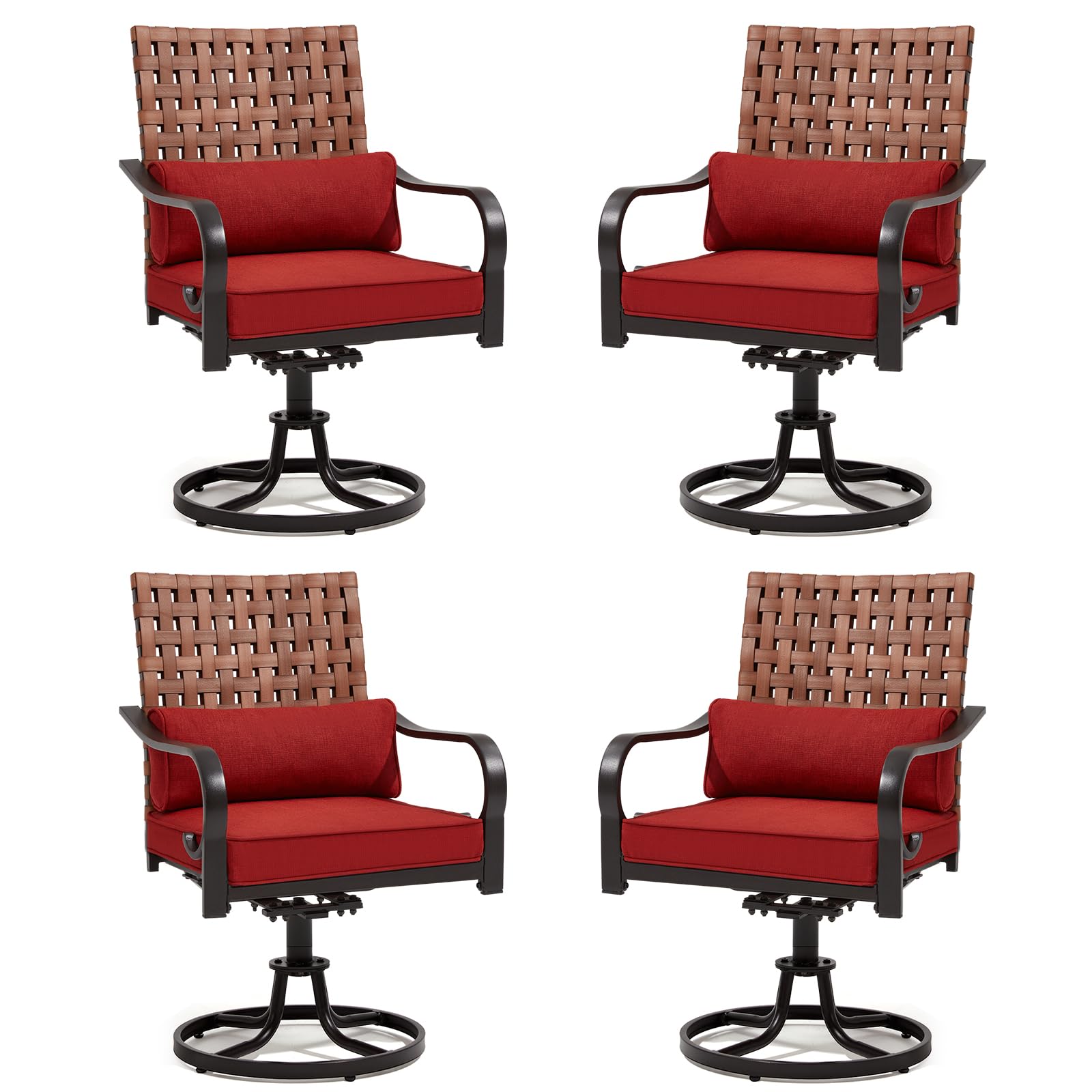 MELLCOM Patio Swivel Chair Set of 4, Outdoor Dining Chairs with Cushions & Lumbar Pillows, Leather-Look Wicker Chairs with Gentle Rocker for Porch, Garden, Backyard, Poolside, Red
