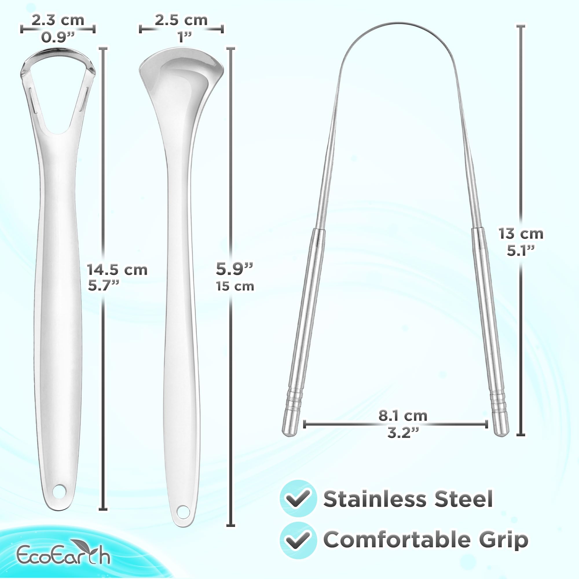 Set of 3 Tongue Scrapers for Adults, Stainless Steel Tongue Scrubber with Storage Case for Oral Hygiene by EcoEarth