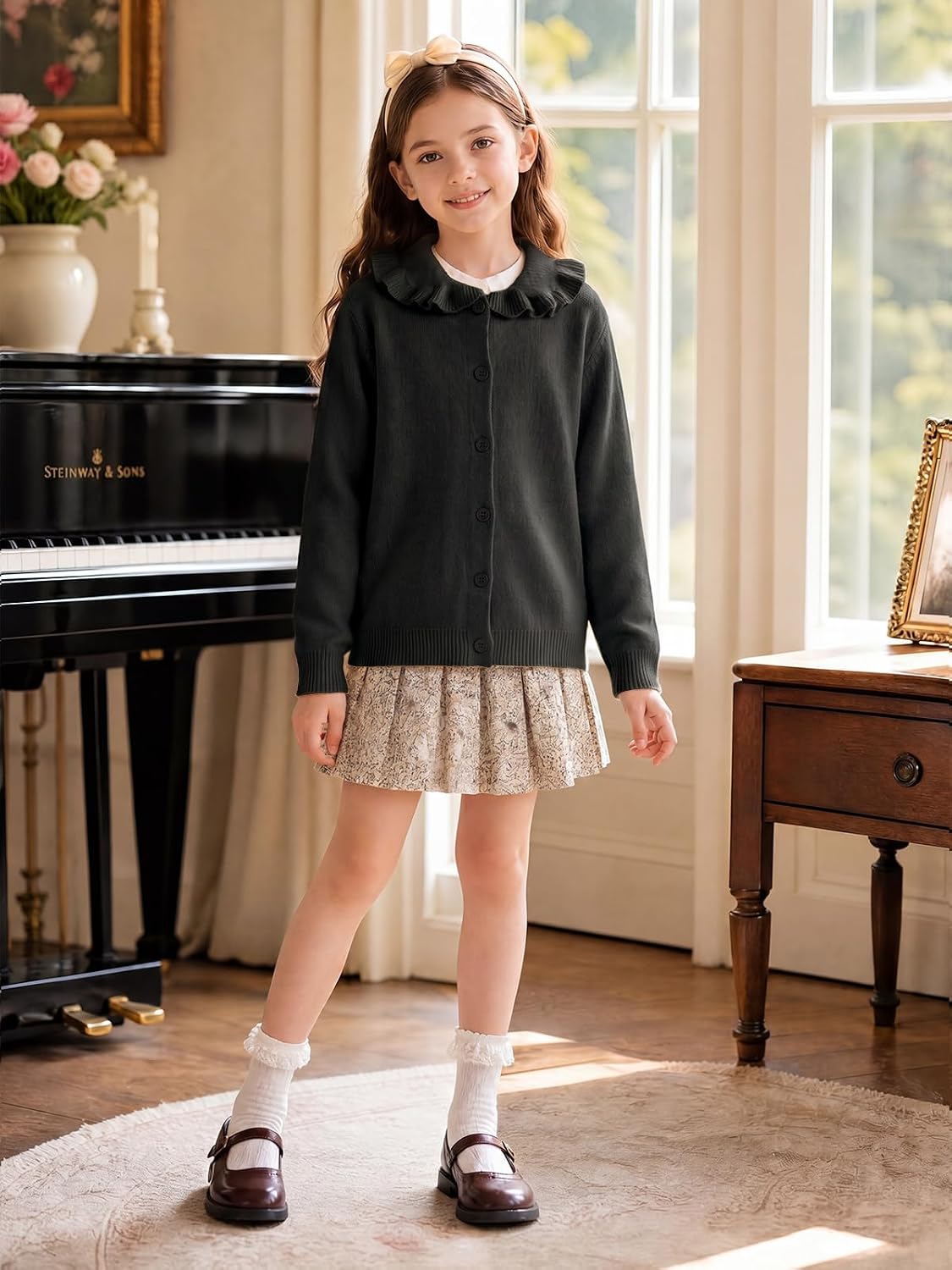 Haloumoning Girls Cardigan Sweater Ruffled Peter Pan Collar Sweaters 5-14Y | Kids Long Sleeve Button Up Knit Sweater, Ruffle Trim Warm and Soft Spring Fall Outwear