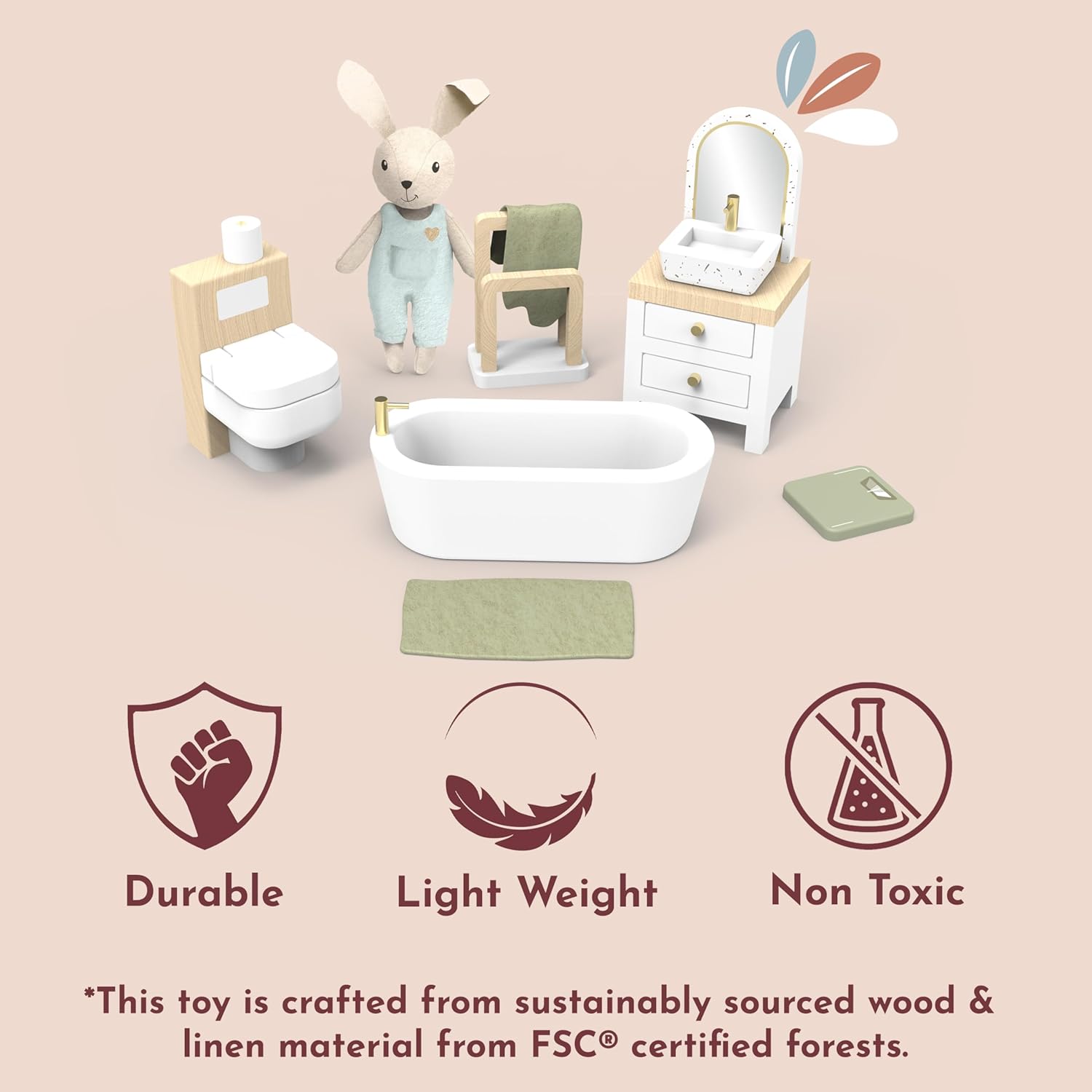 SPEEDY MONKEY Flowers Cottage Wooden Playset with Starter & Doll House Bathroom Set with Bunny – Miniature Wooden Dollhouse Furniture with Bathtub, Sink, Toilet & Mirror | Pretend Play Gift for Kids