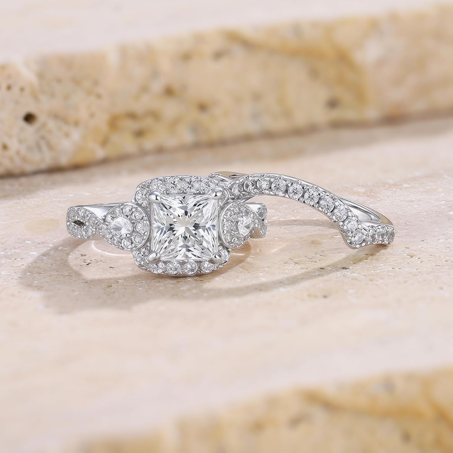 4CT Princess Cut Bridal Ring Sets Wedding Band Rings Set for Women 5A Cubic Zirconia Promise Engagement Rings Size 5-10