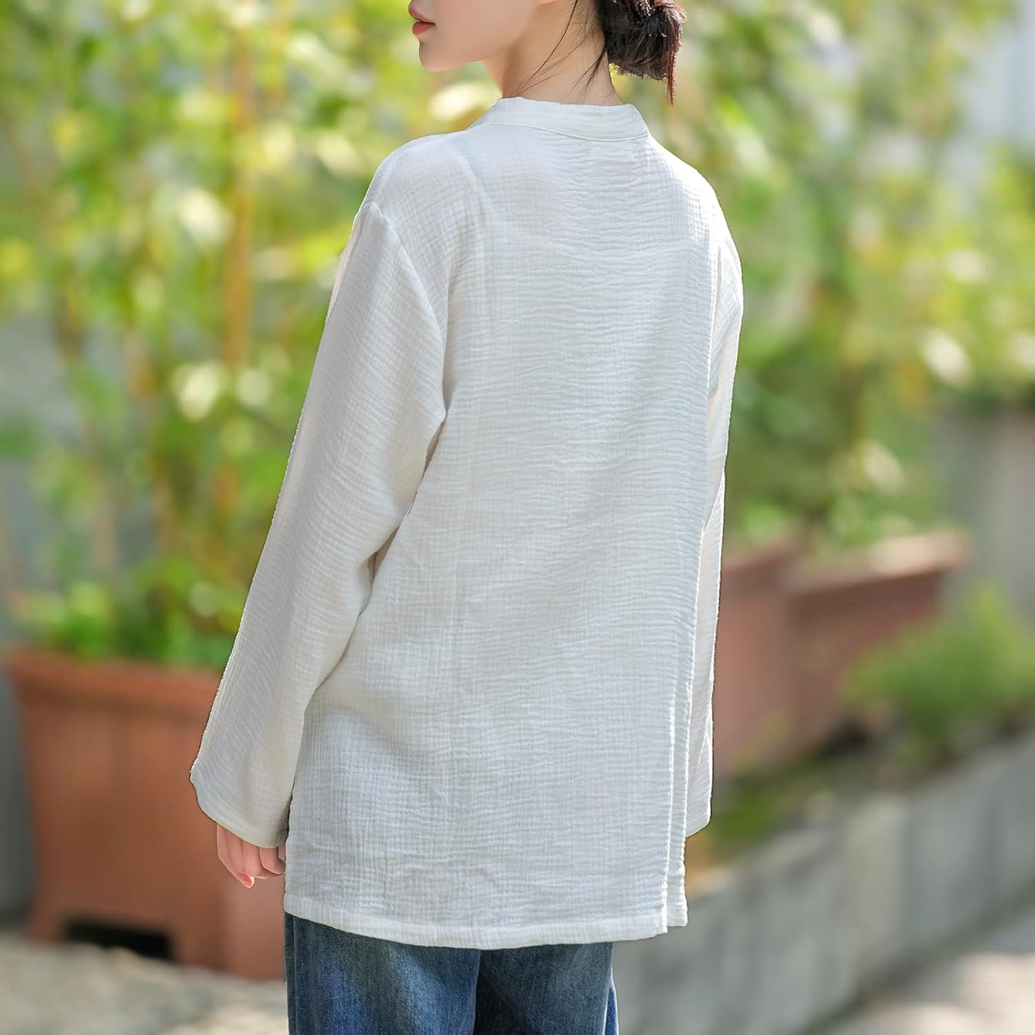 Traditional Chinese Style Cotton Mandarin Collar Jacket, Long Sleeve Button-Front Top - Image 4