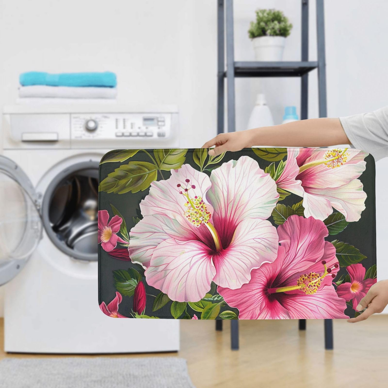 Lot de 3 tapis de salle de bain en flanelle avec tapis de bain + tapis contour + housse pour abattant de WC, motif fleurs d'hibiscus