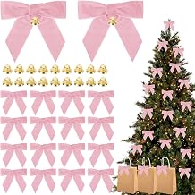 20PCS Velvet Bows Christmas Tree Decorations, 20PCS Jingle Bells & Twist Tie Bows for Crafts, Velvet Ribbon Christmas Bow for Gift Wrapping, Xmas Wreaths Garland, Wedding, Home Decors Pink