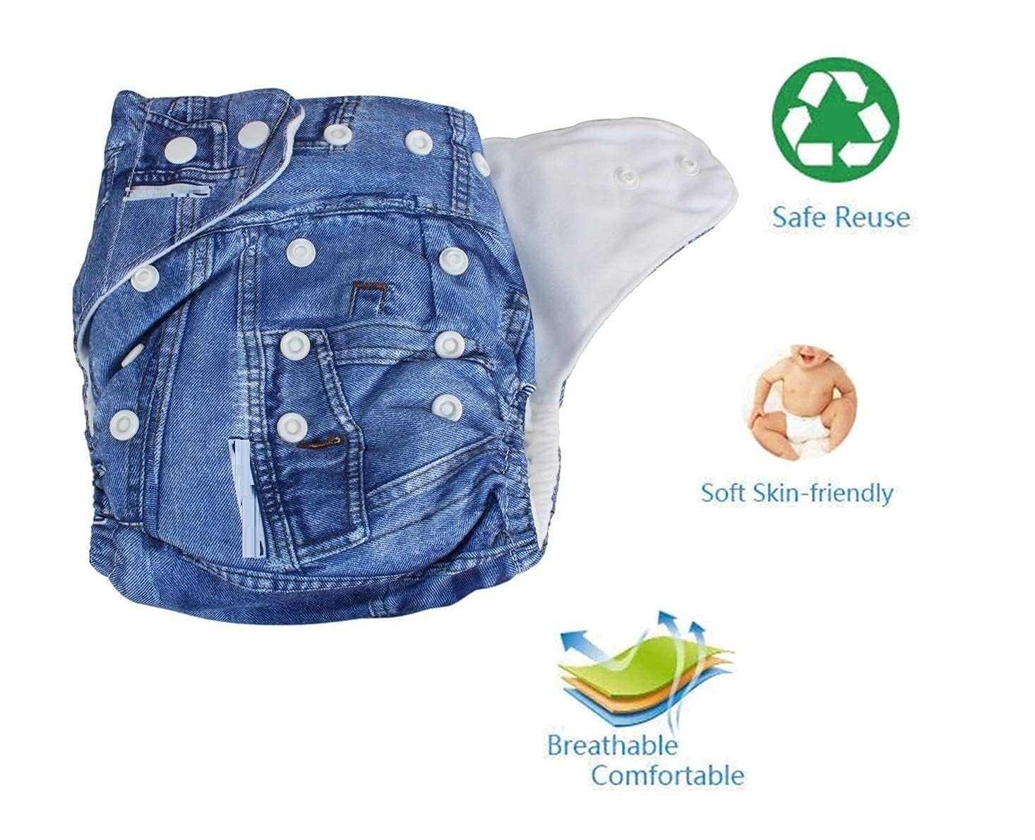 Lukzer Pack of 2 Cloth Diapers for Babies | Washable with 2 Dry-Feel Absorbent Soaker Pads | Adjustable Size All-in-One Extra Soft & Safe Reusable Nappy (Denim Design) 3 Months to 3 Years (5–15 kg) CH-502-02 - Image 5 thumbnail