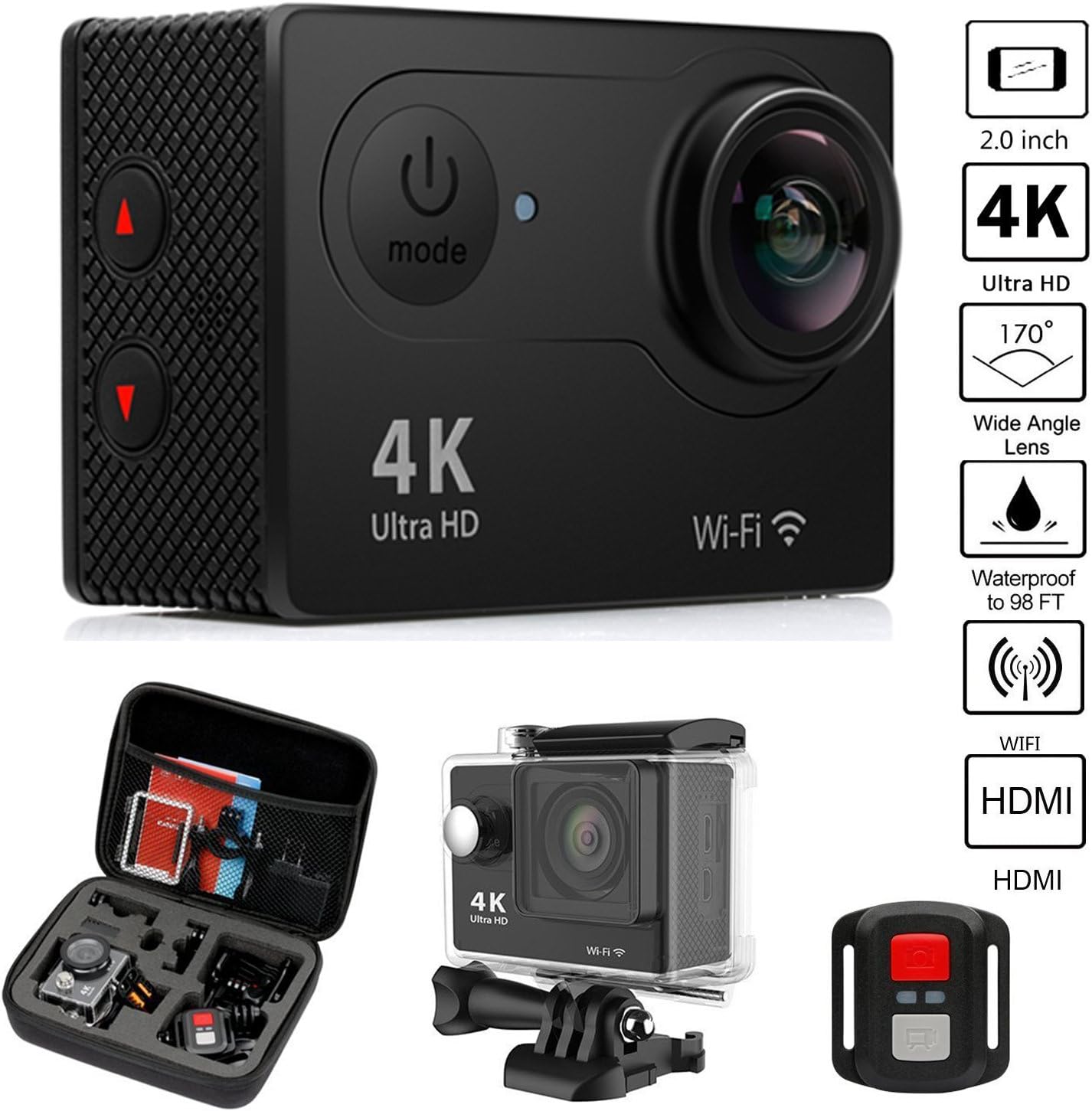 Ogden Action Camera 4K WiFi Ultra HD Waterproof Sport Camera 2 Inch LCD Screen 12MP 170 Degree Wide Angle Rechargeable 1050mAh Batteries Travel Bag Include 19 Accessories Kits