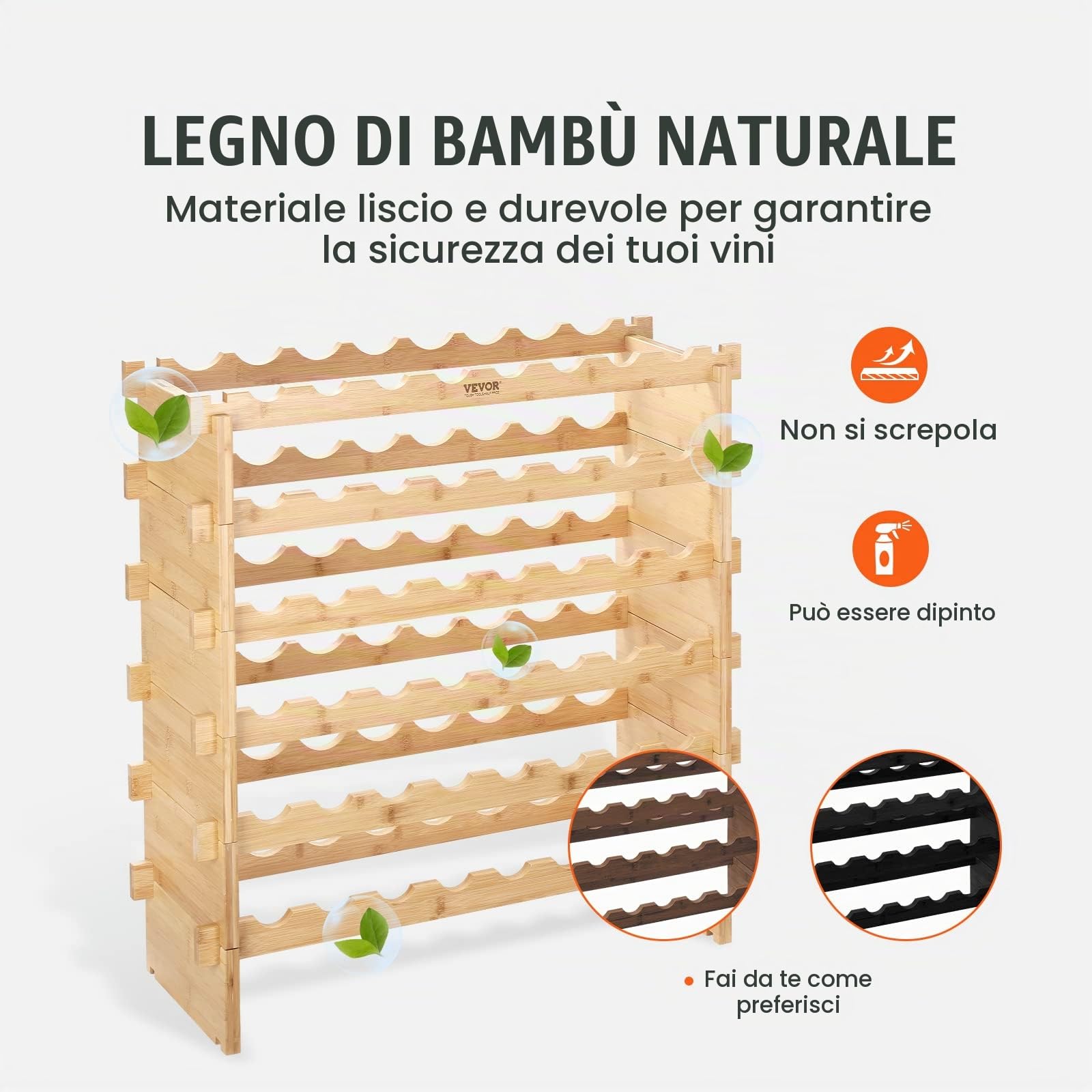 VEVOR Portabottiglie per Vino in Legno di Bambù Impilabile 6 Ripiani Capacità Max. 48 Bottiglie, Cantinetta Portabottiglie 6 Piani da Terra per Vino Materiale Legno Bambù Struttura Modulare Fai-da-te