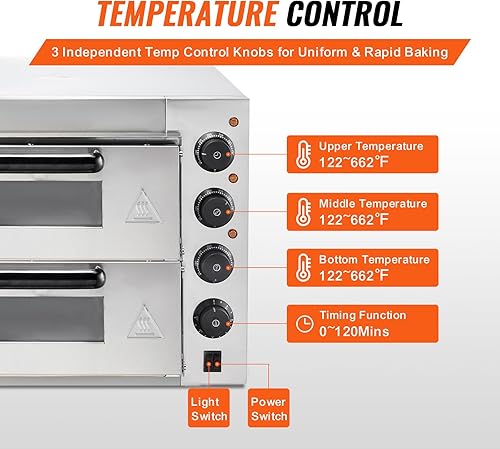 Miniatura 4 de VEVOR Horno de pizza comercial, doble capa de 14 pulgadas, horno eléctrico de pizza de acero inoxidable con piedra y asa, multiuso para pizzas