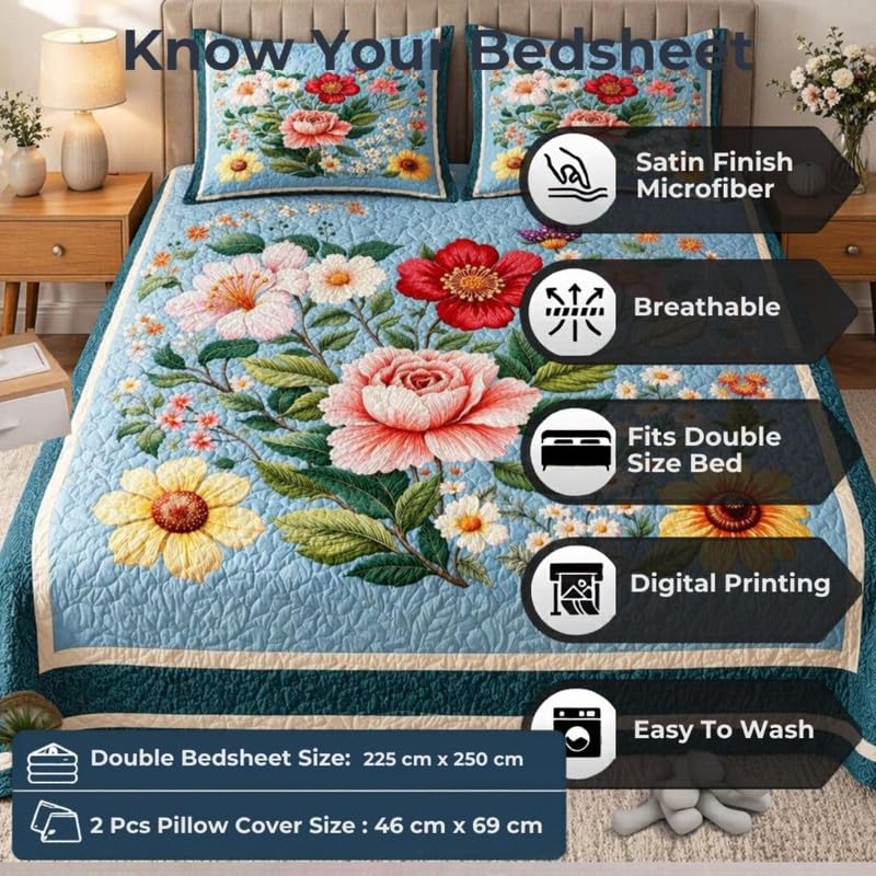 Image of Akshya Double Bedsheet King Size (90x100 Inch) with 2 Pillow Covers | 300 TC Microfiber Soft Bedsheet | Light Blue Floral Printed Flat Bedsheet for Double Bed