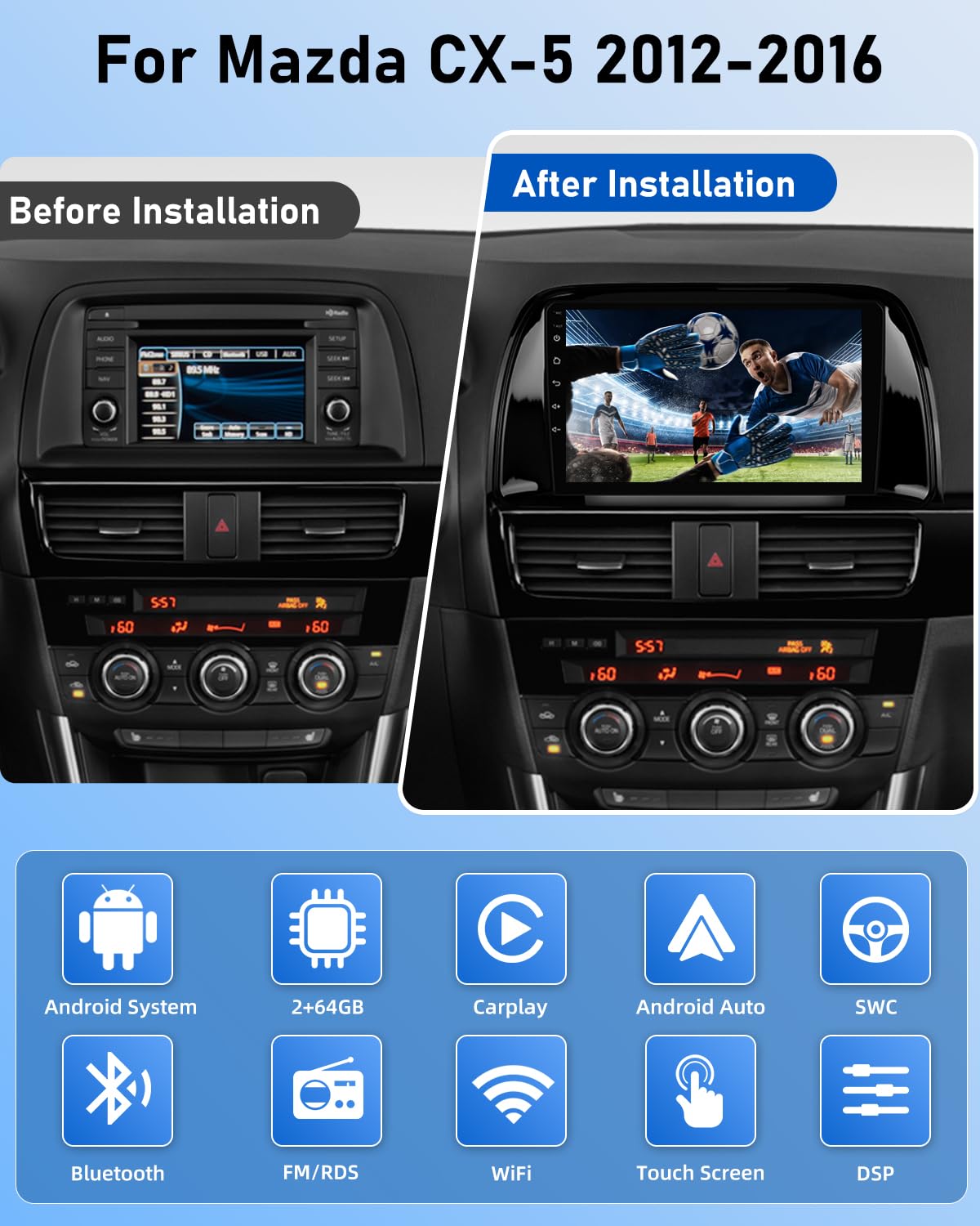NHOPEEW Radio para Coche 2G+64G con Android para Mazda CX-5 2012-2016 - Carplay inalámbrico y Android Auto WiFi EQ GPS FM RDS + cámara de Marcha atrás AHD