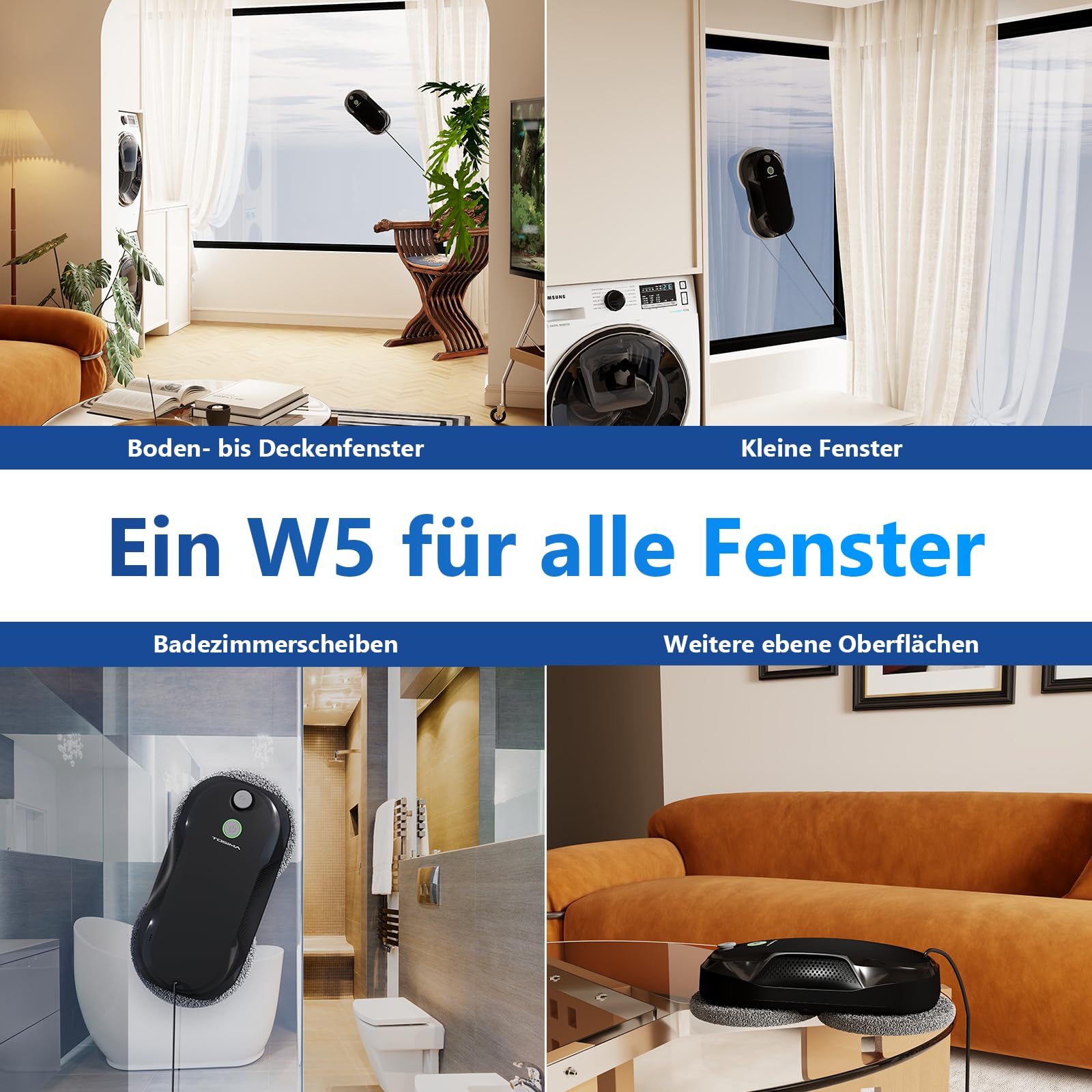 Tosima W5 Fensterputzroboter mit bidirektionalem Ultraschall-Nebelsprühfunktion, 6400Pa adaptiver Saugkraft und intelligenter Kantenerkennung für Fensterreinigung, 2026 verbesserte Version, Schwarz