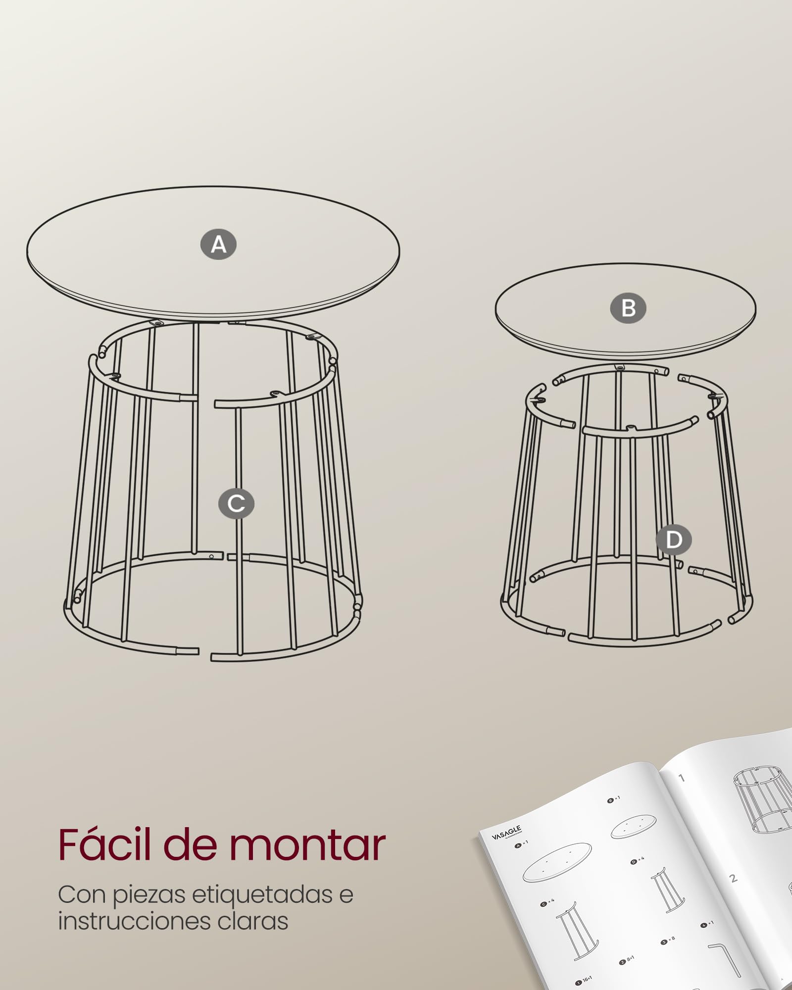 VASAGLE Mesa de Centro Redonda, Juego de 2 Mesas de Café, Estilo Moderno, Marco de Acero, para Sala de Estar, Dormitorio, Marrón Rústico LCT045K01