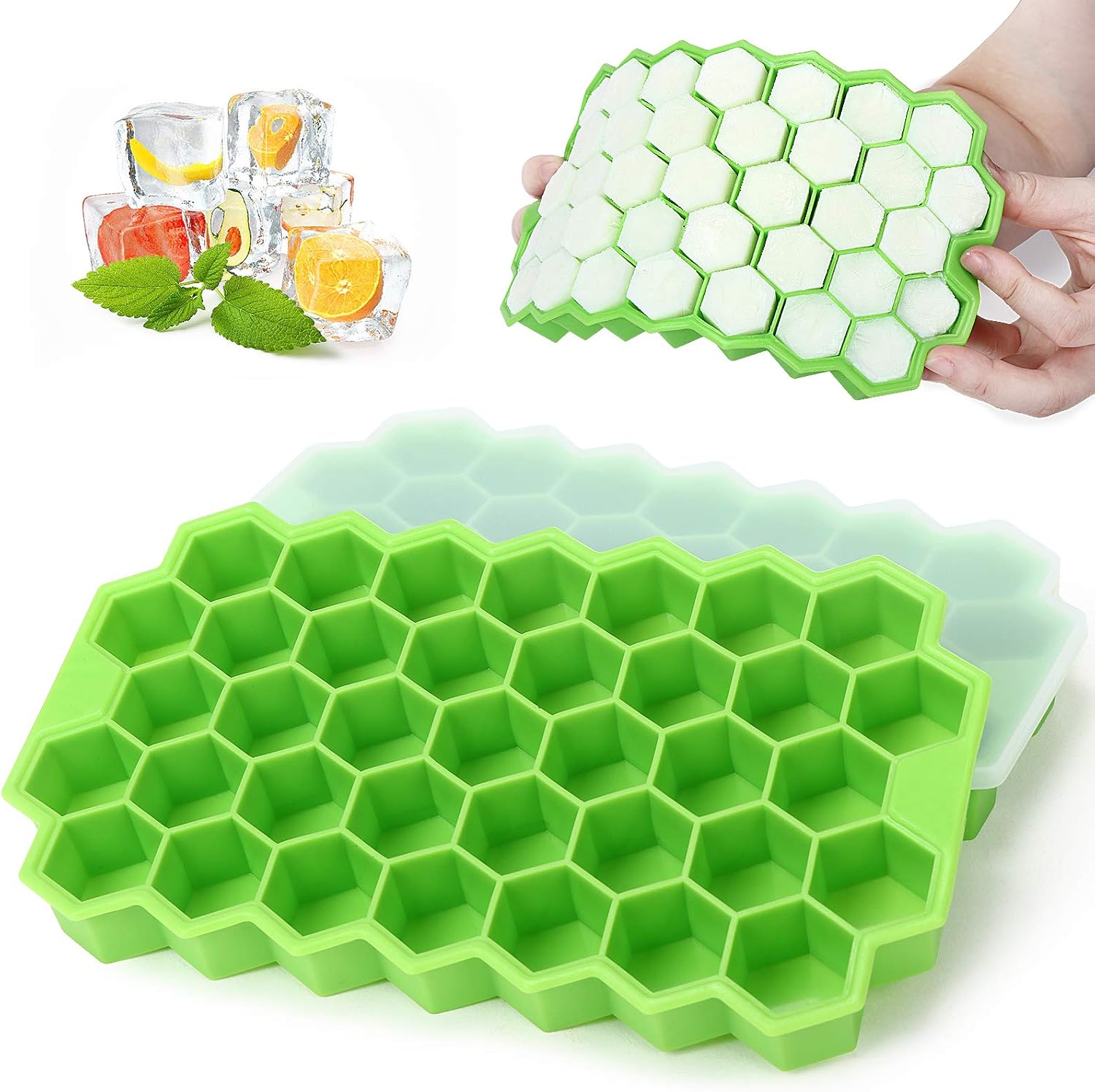 MOMSIV Ice Cube Trays - 2 Pack Silicone Ice Cube Tray with Lid Super Easy Release - Reusable and BPA Free, 74 Ice Cubes for Whiskey, Cocktail, Stackable Flexible Safe Ice Cube Trays