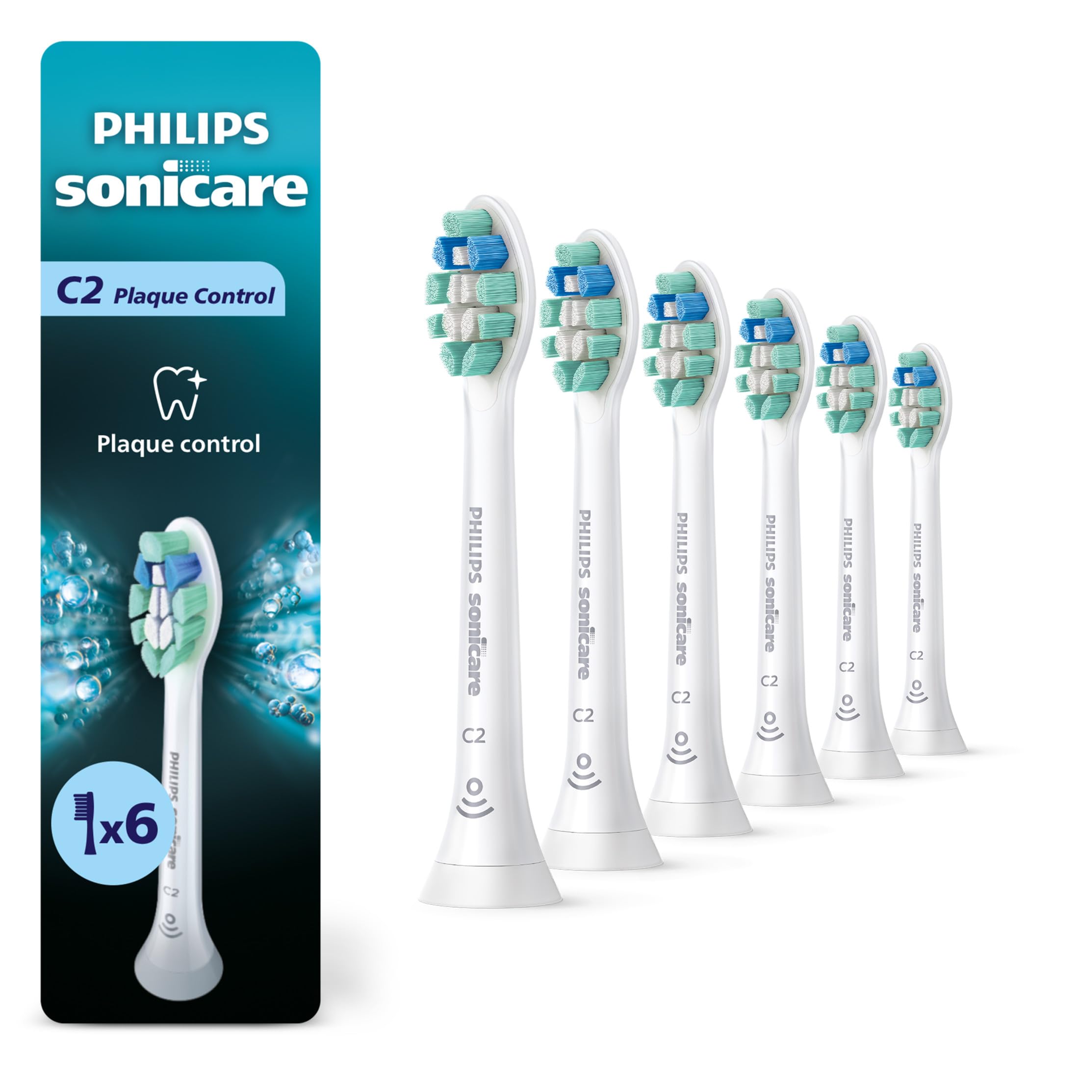 Philips Sonicare C2 Plaque Control HX9026/77 Lot de 6 têtes de brosse à dents électrique de rechange, blanc, jusqu'à 18 mois d'approvisionnement